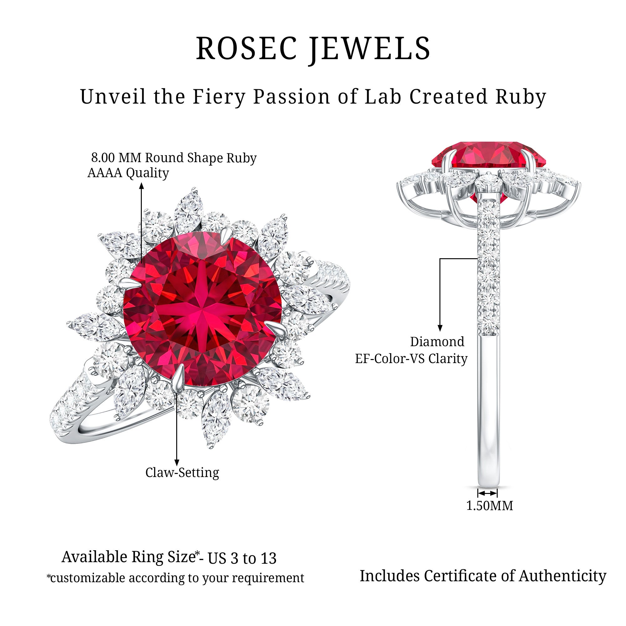 Lab Created Ruby and Diamond Halo Engagement Ring AAAA - Rosec Jewels