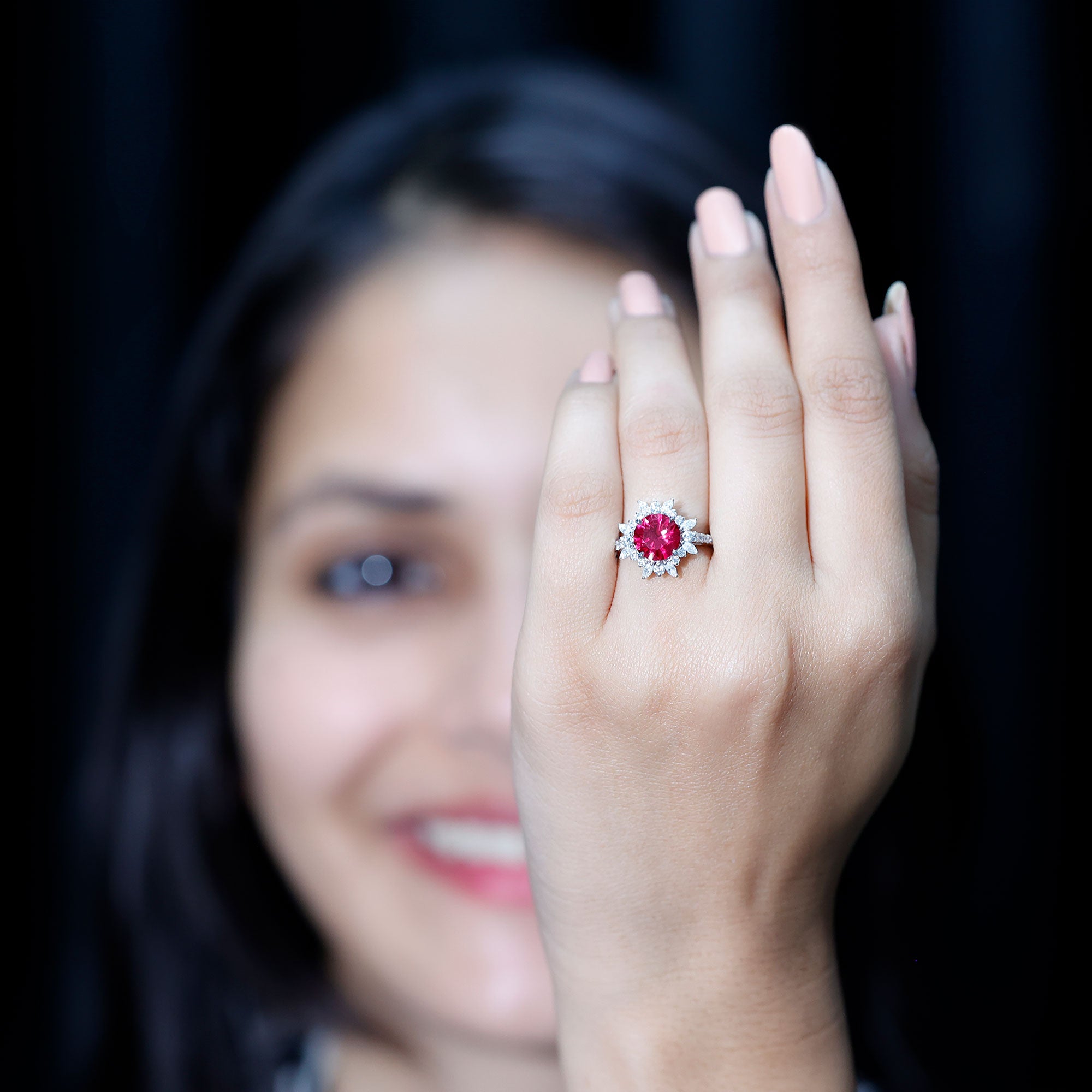 Lab Created Ruby and Diamond Halo Engagement Ring AAAA - Rosec Jewels