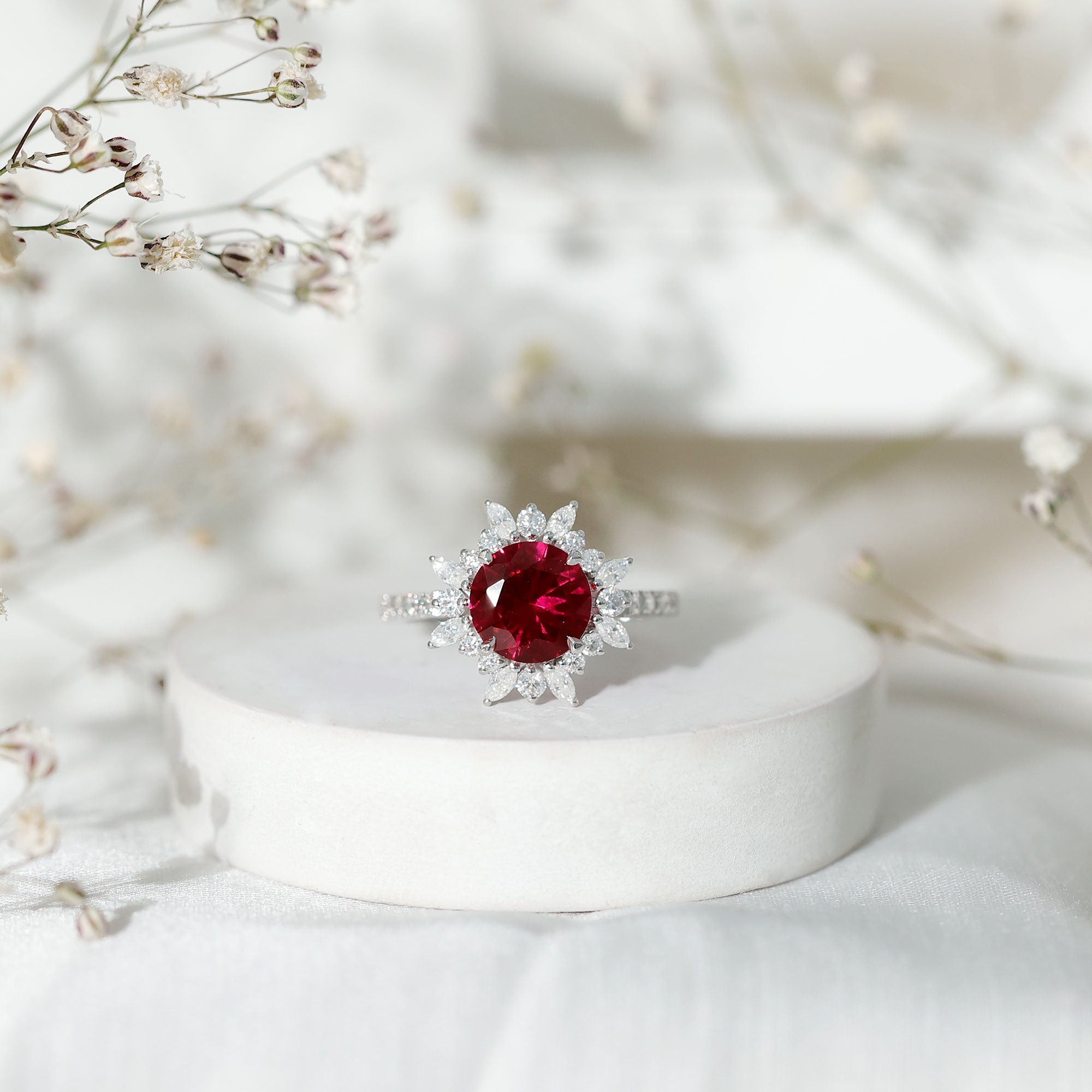 Lab Created Ruby and Diamond Halo Engagement Ring AAAA - Rosec Jewels