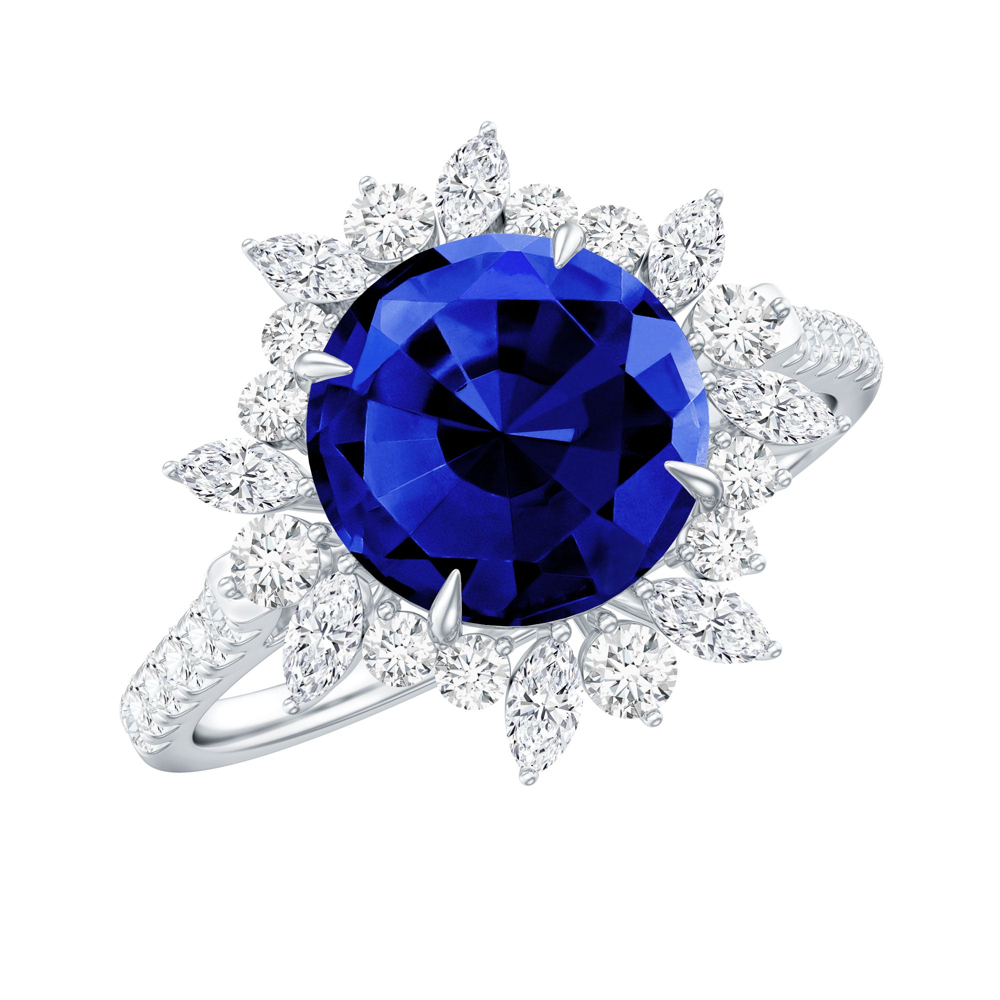 Lab Grown Blue Sapphire And Moissanite Floral Inspired Ring AAAA - Rosec Jewels