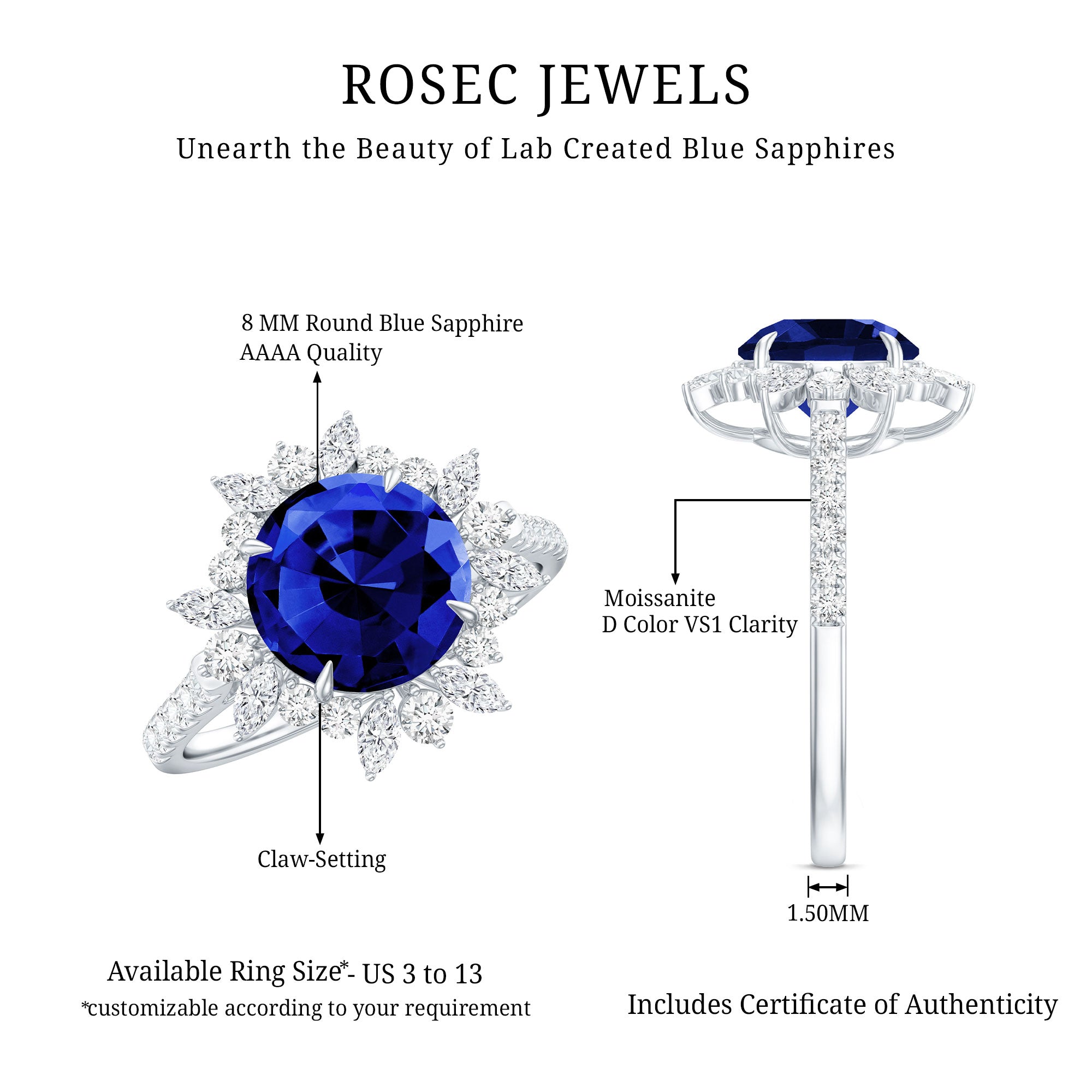 Lab Grown Blue Sapphire And Moissanite Floral Inspired Ring AAAA - Rosec Jewels