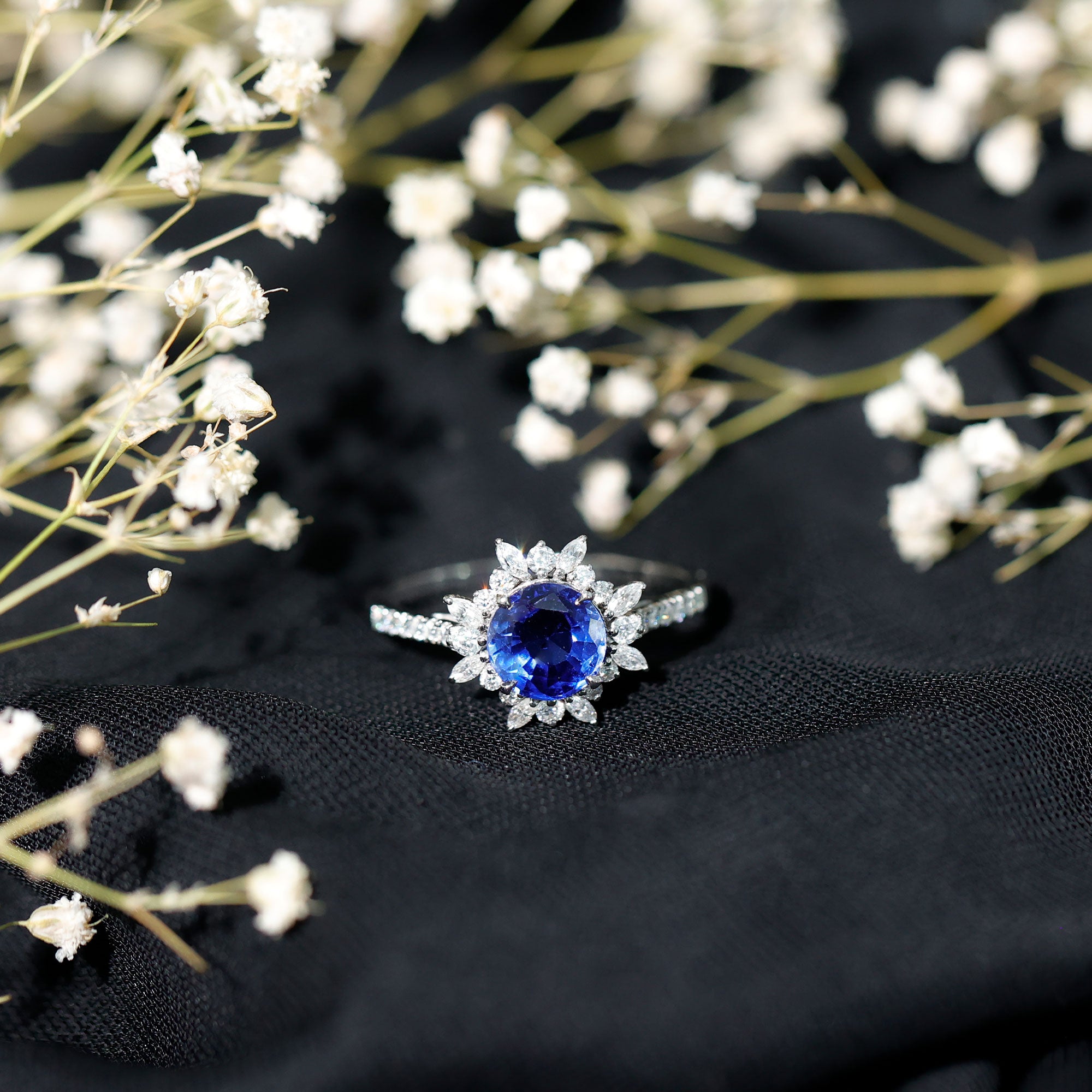 Lab Grown Blue Sapphire And Moissanite Floral Inspired Ring AAAA - Rosec Jewels