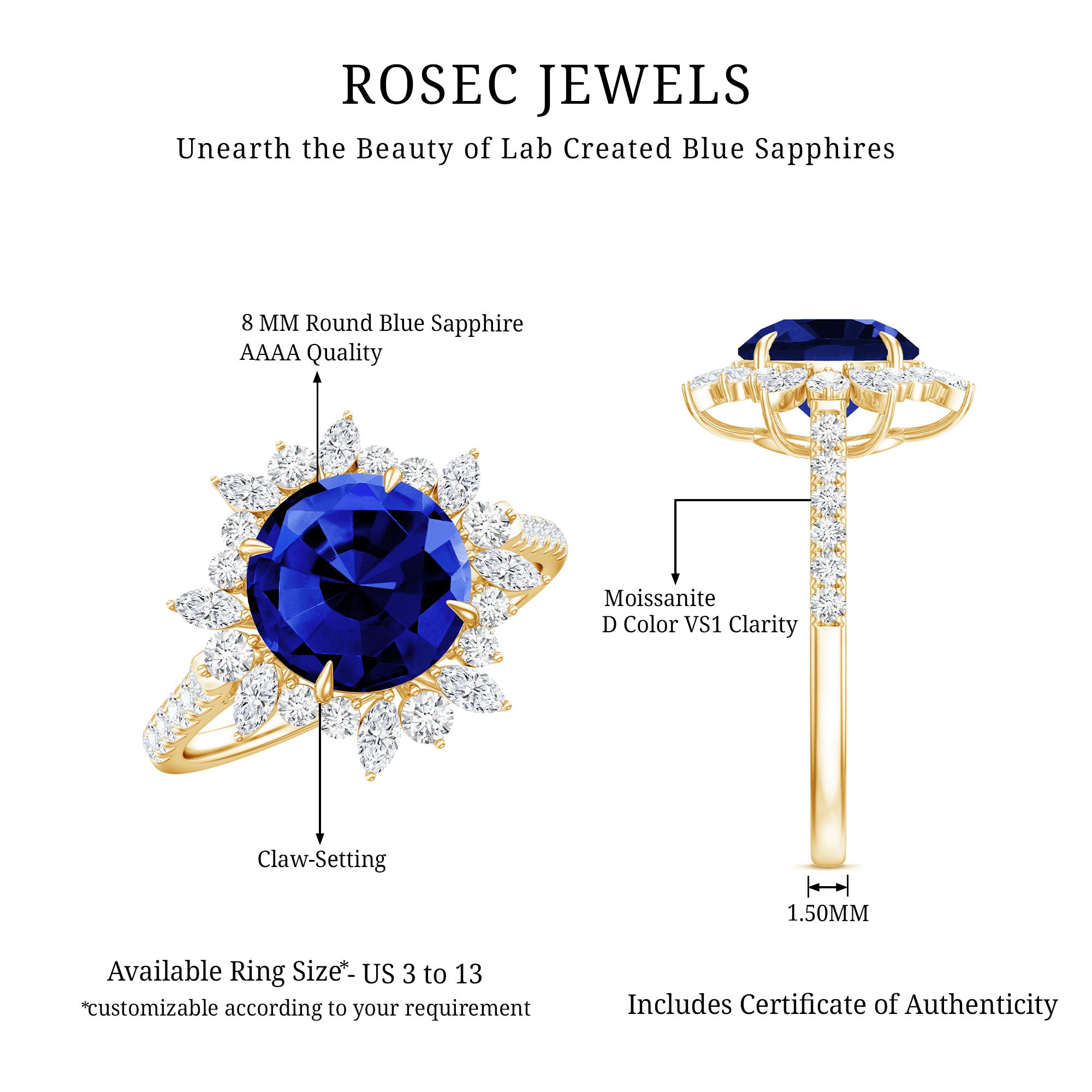 Lab Grown Blue Sapphire And Moissanite Floral Inspired Ring AAAA - Rosec Jewels