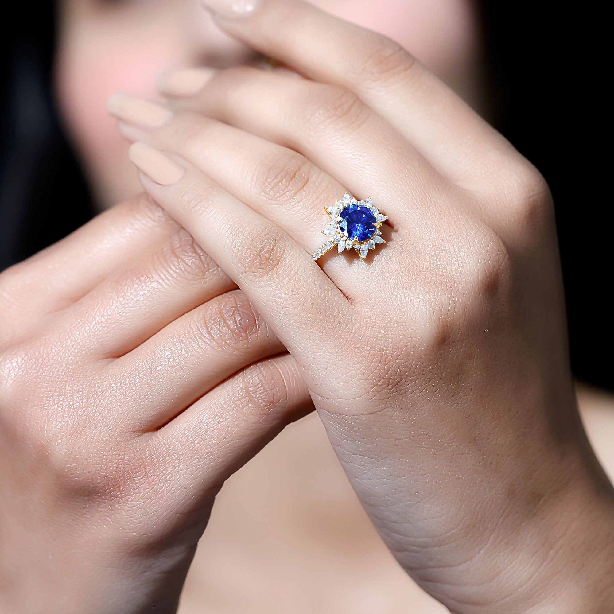 Lab Grown Blue Sapphire And Moissanite Floral Inspired Ring AAAA - Rosec Jewels