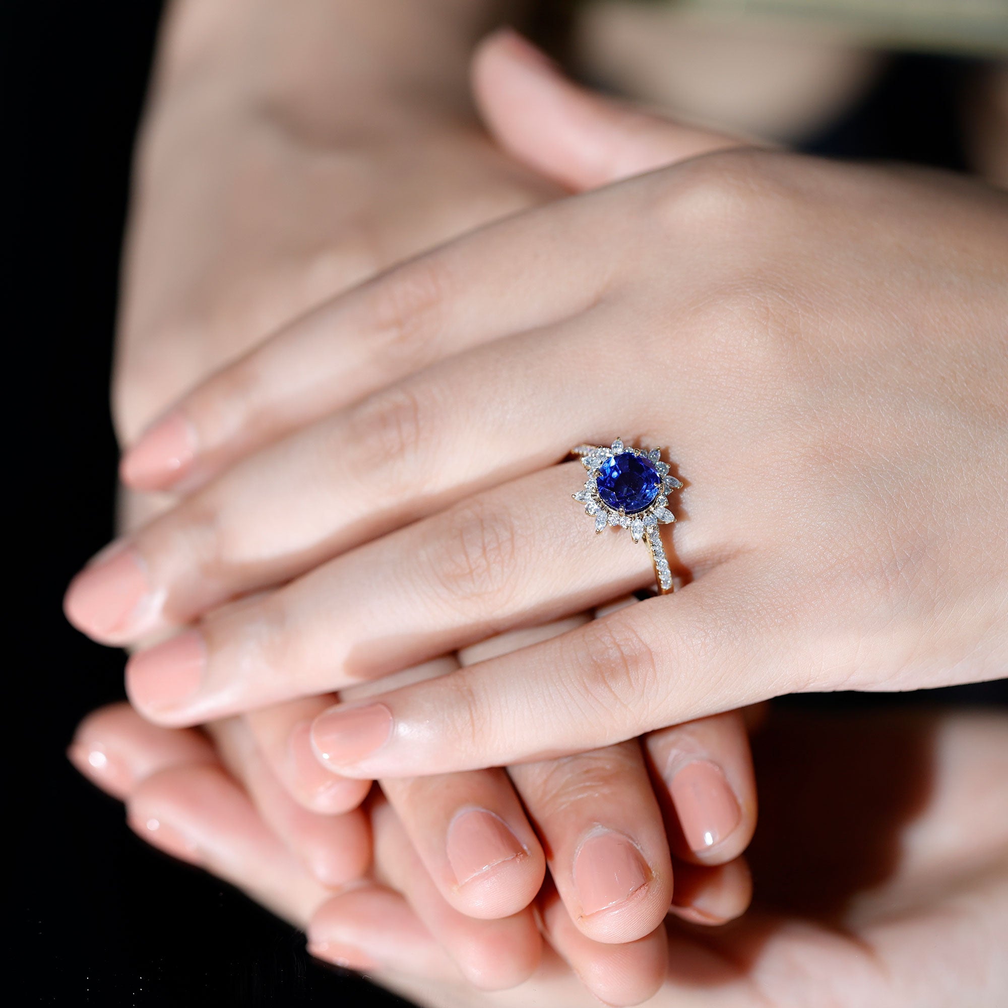 Lab Grown Blue Sapphire And Moissanite Floral Inspired Ring AAAA - Rosec Jewels