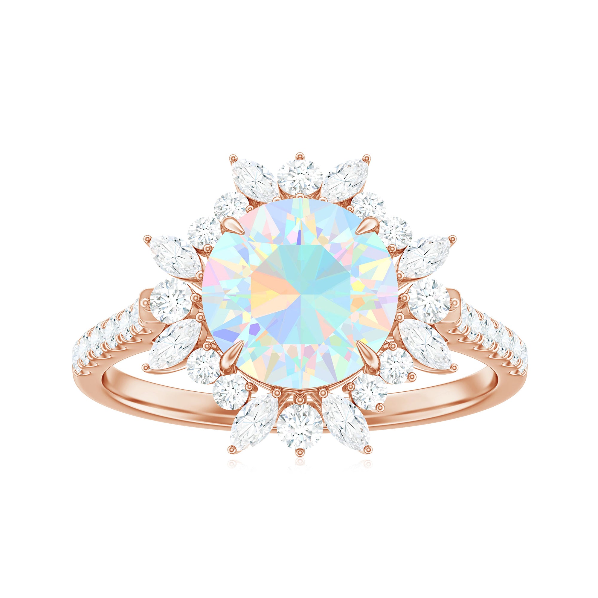 Natural 8mm Ethiopian Opal Halo Engagement Ring with Side Stones AAA - Rosec Jewels