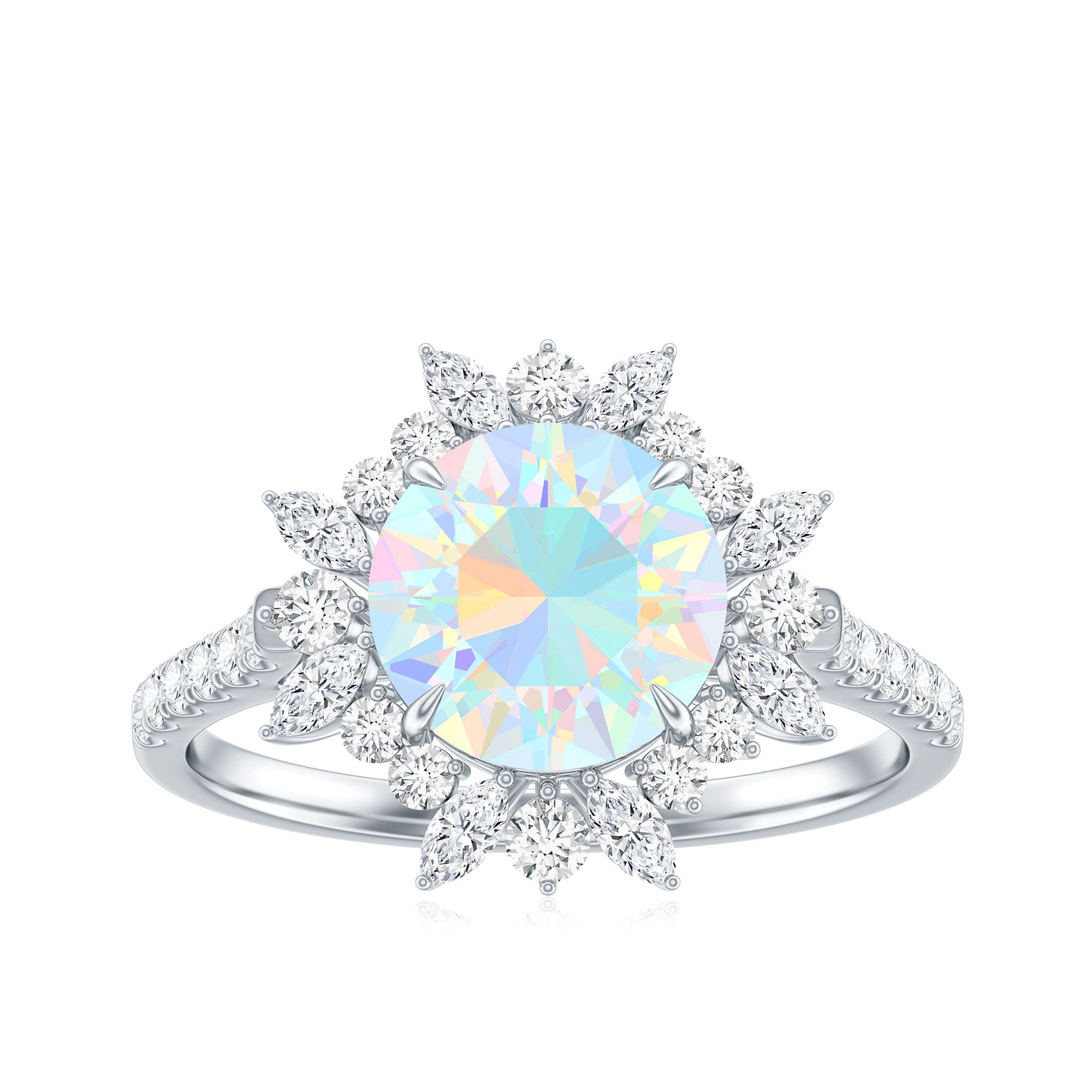 Natural 8mm Ethiopian Opal Halo Engagement Ring with Side Stones AAA - Rosec Jewels
