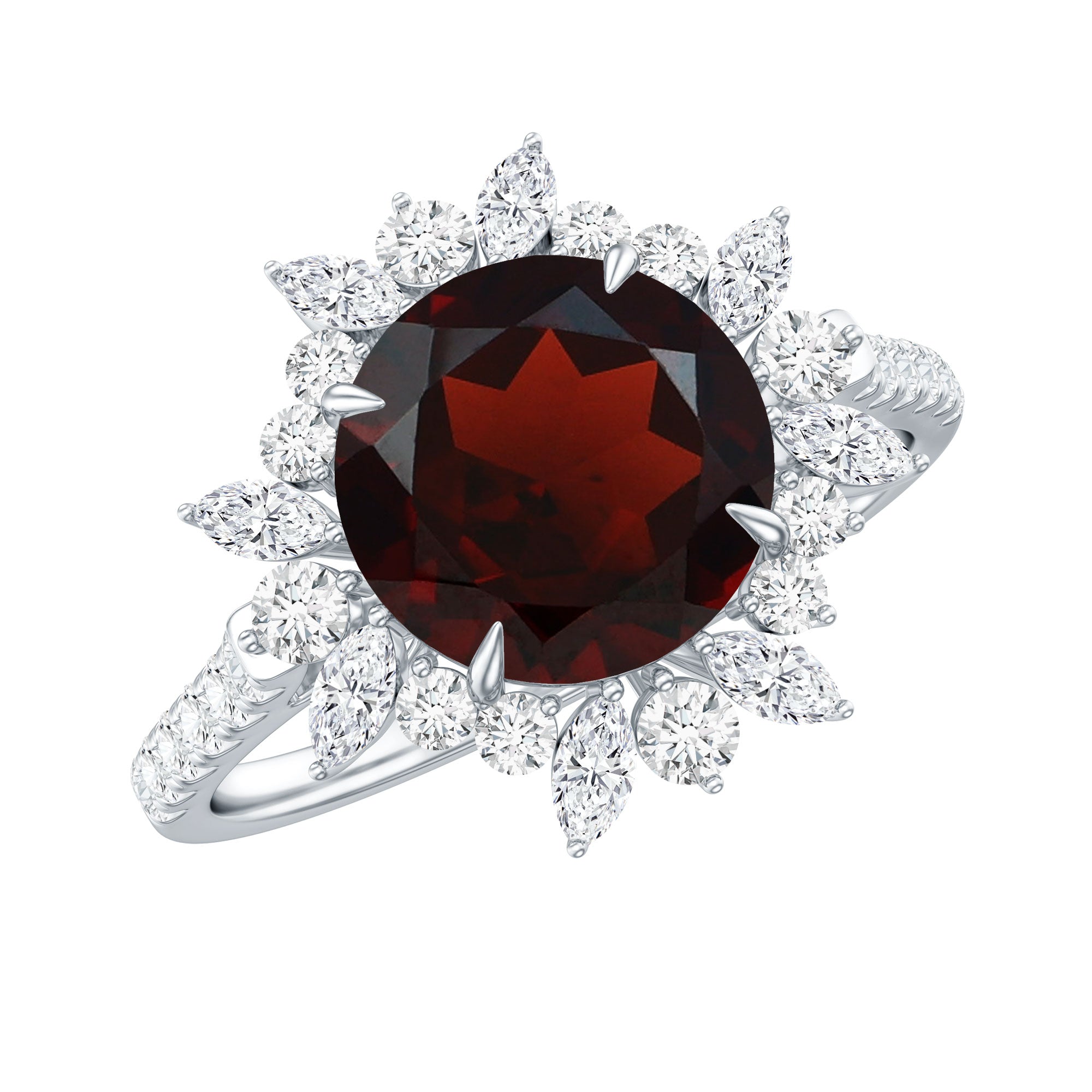 Real 8mm Garnet Statement Engagement Ring with Diamond Halo AAA - Rosec Jewels