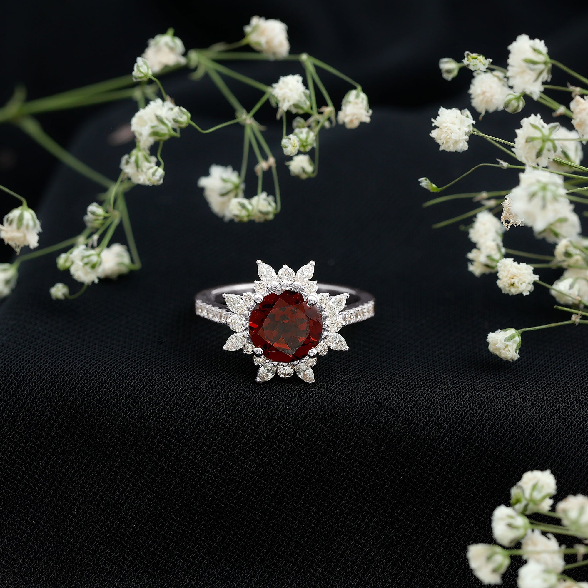 Real 8mm Garnet Statement Engagement Ring with Diamond Halo AAA - Rosec Jewels