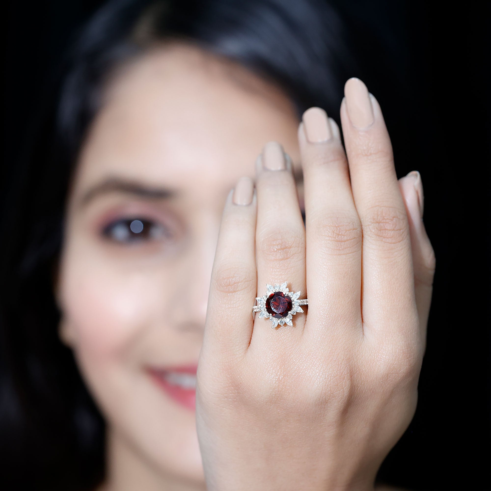 Real 8mm Garnet Statement Engagement Ring with Diamond Halo AAA - Rosec Jewels