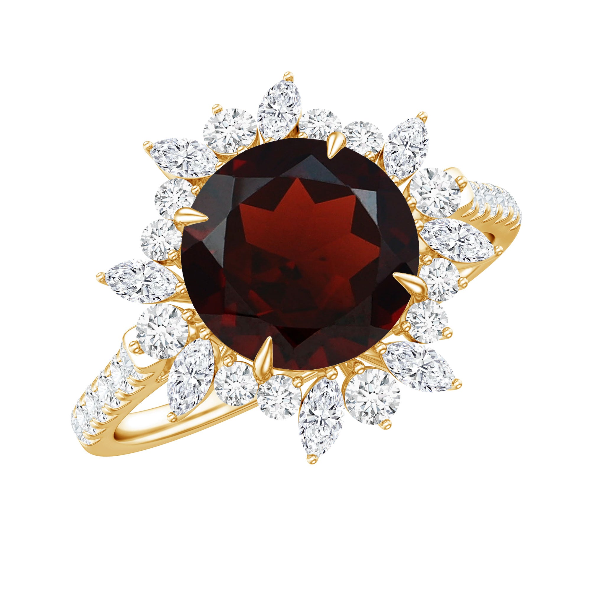 Real 8mm Garnet Statement Engagement Ring with Diamond Halo AAA - Rosec Jewels
