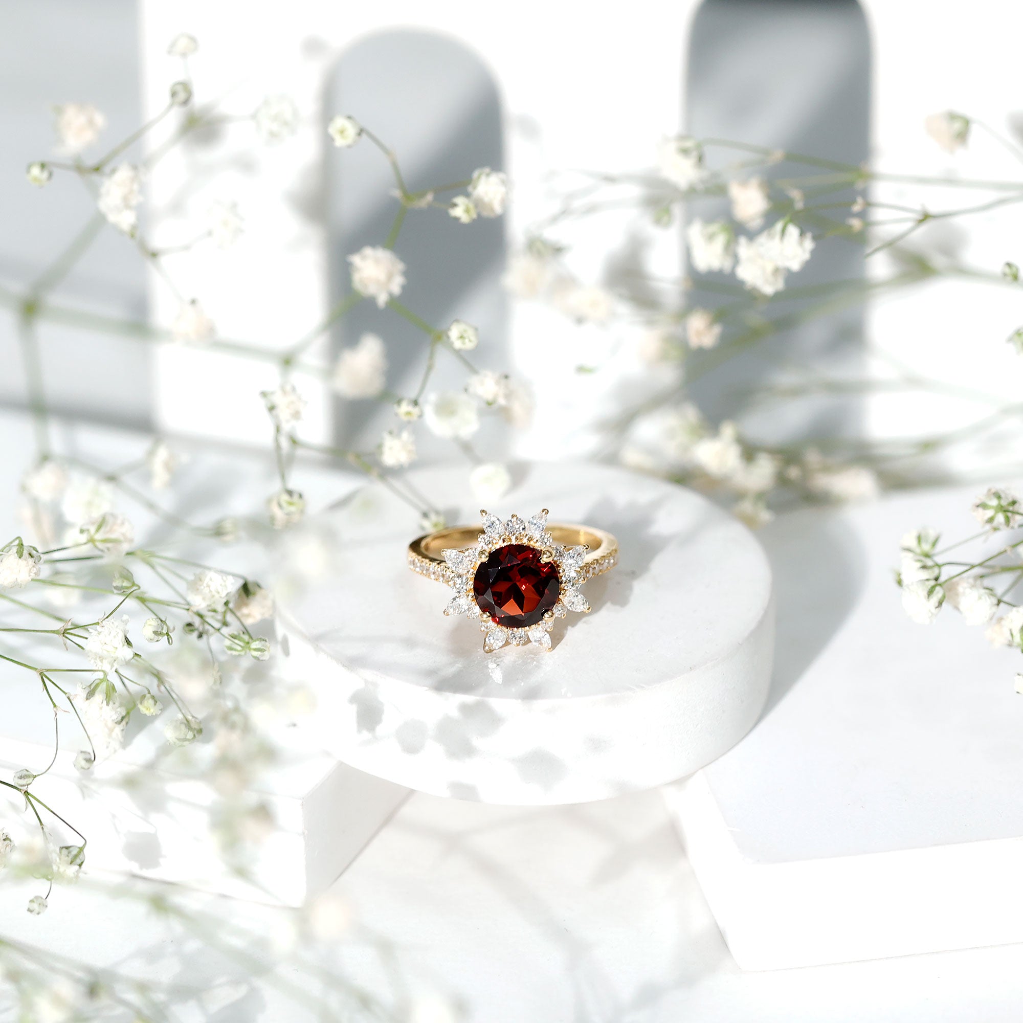 Real 8mm Garnet Statement Engagement Ring with Diamond Halo AAA - Rosec Jewels