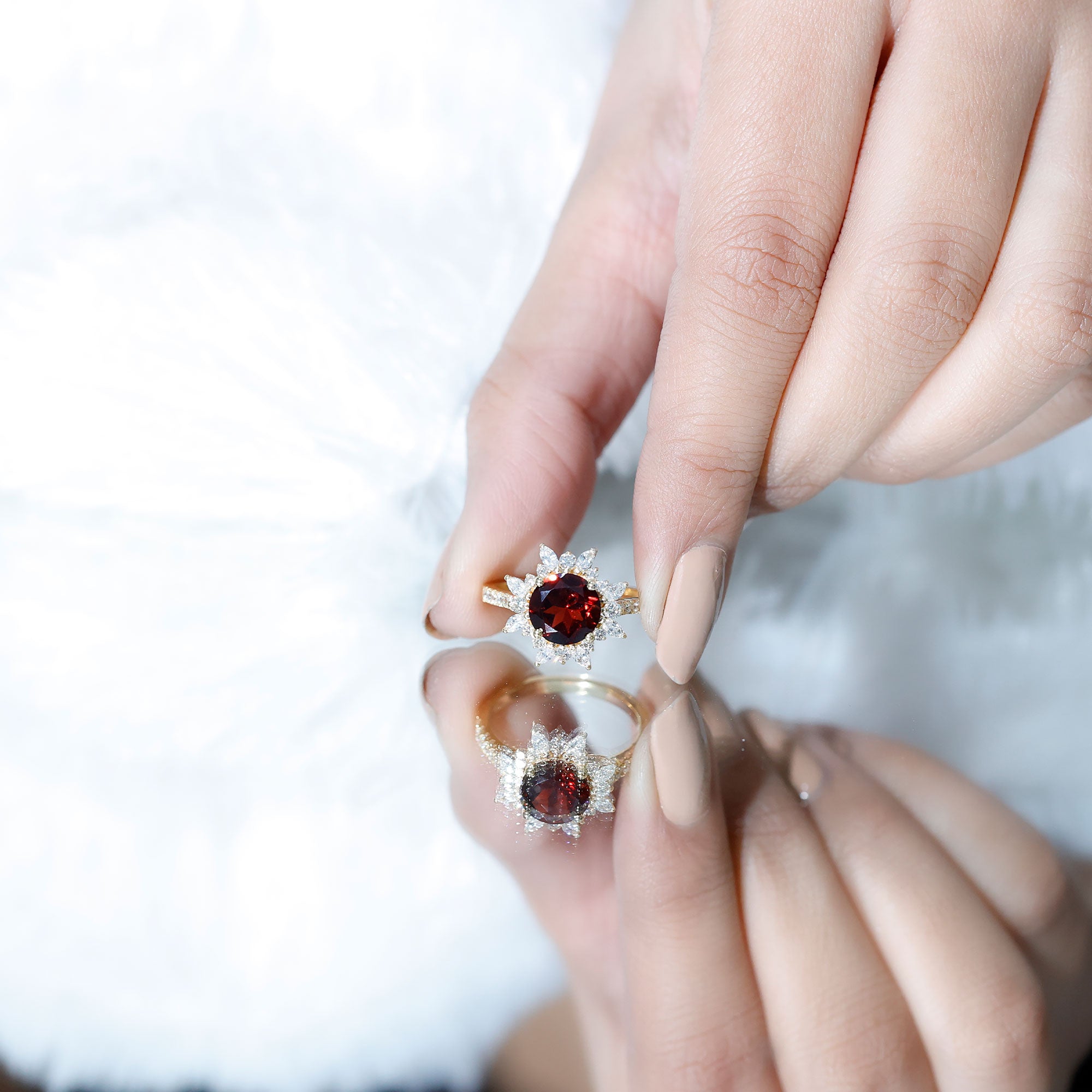 Real 8mm Garnet Statement Engagement Ring with Diamond Halo AAA - Rosec Jewels