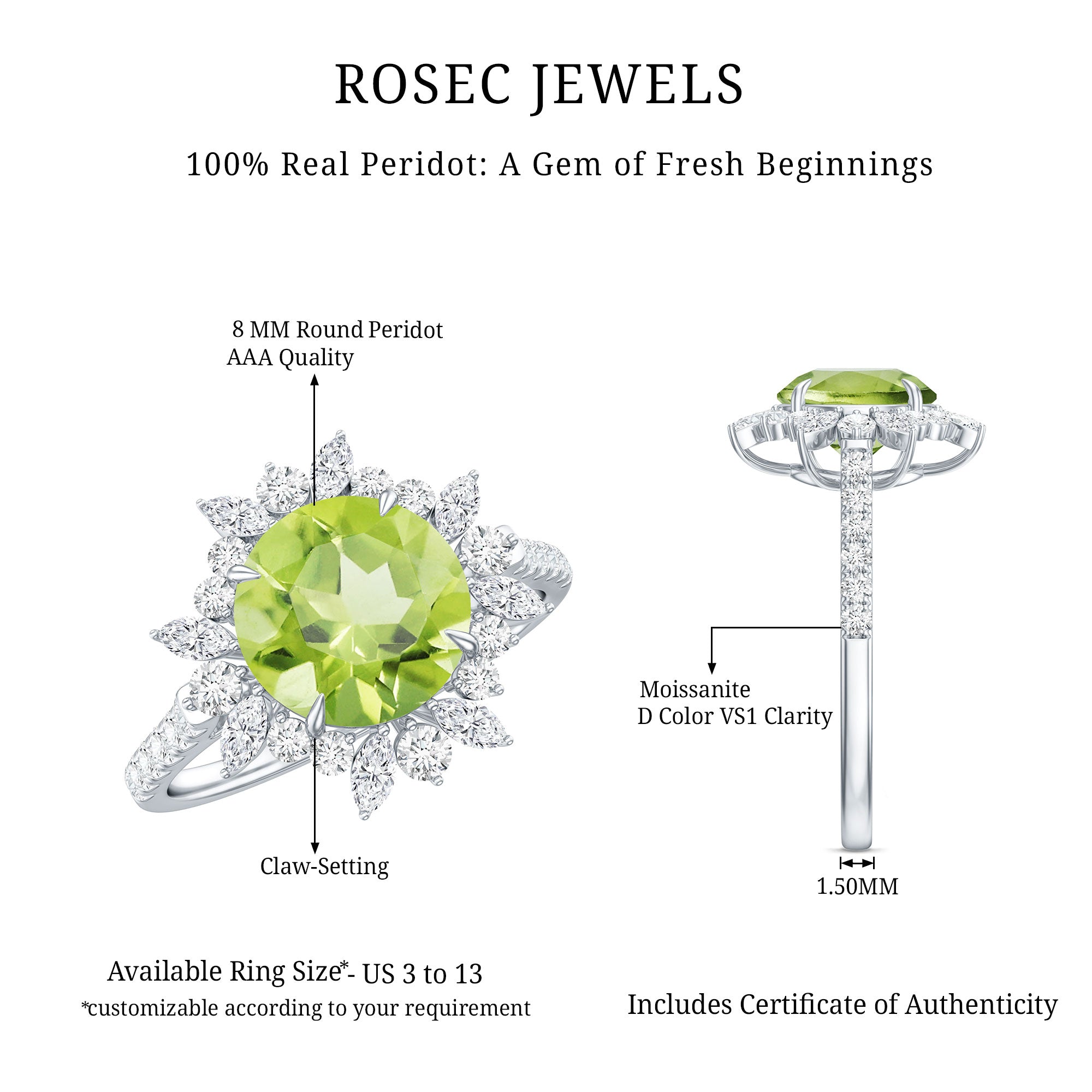 Natural 2 Carat Peridot Statement Engagement Ring with Halo AAA - Rosec Jewels