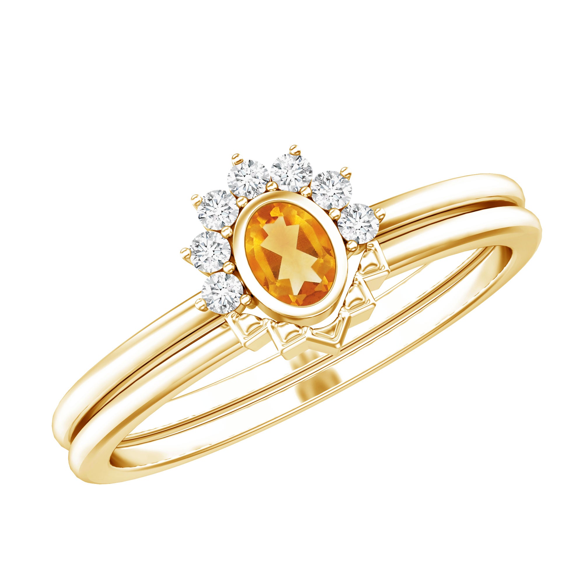 Natural Oval Citrine Promise Ring Set with Diamond AAA 14K Yellow Gold Plated Silver - Rosec Jewels