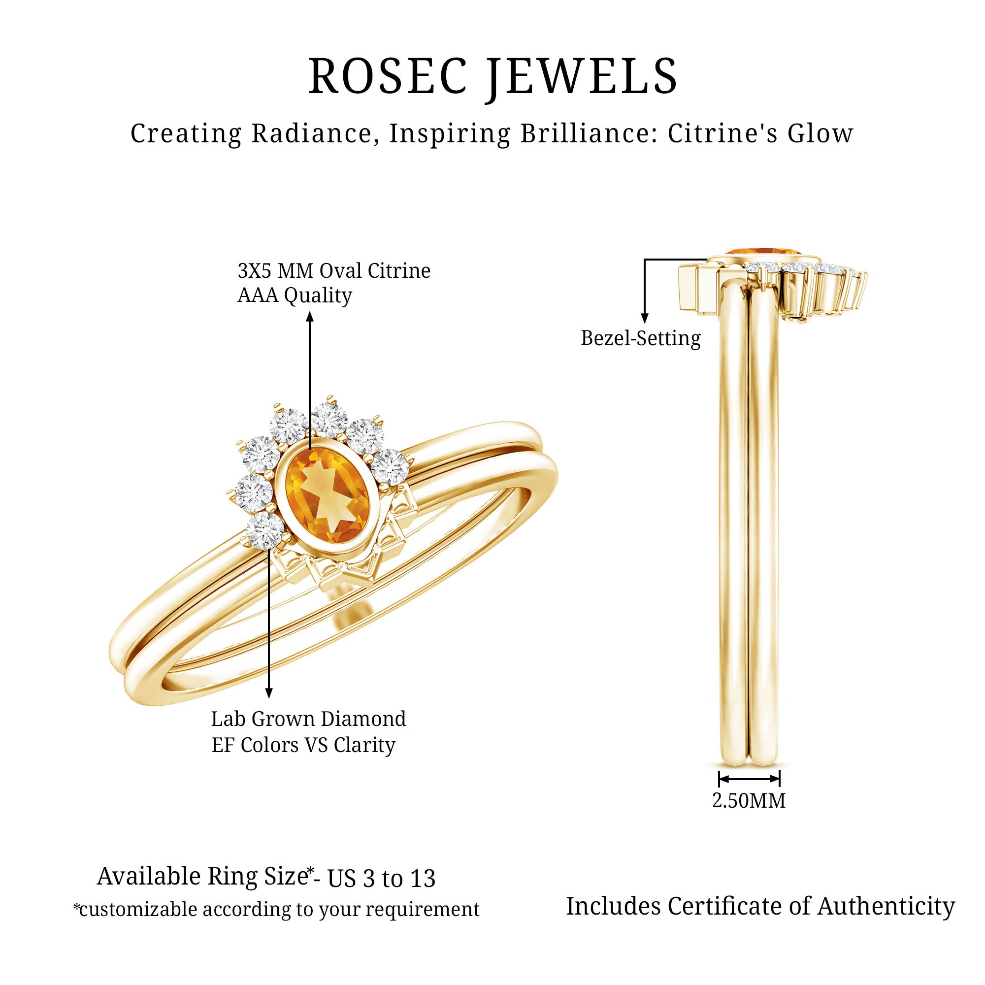 Natural Oval Citrine Promise Ring Set with Diamond AAA 14K Yellow Gold Plated Silver - Rosec Jewels