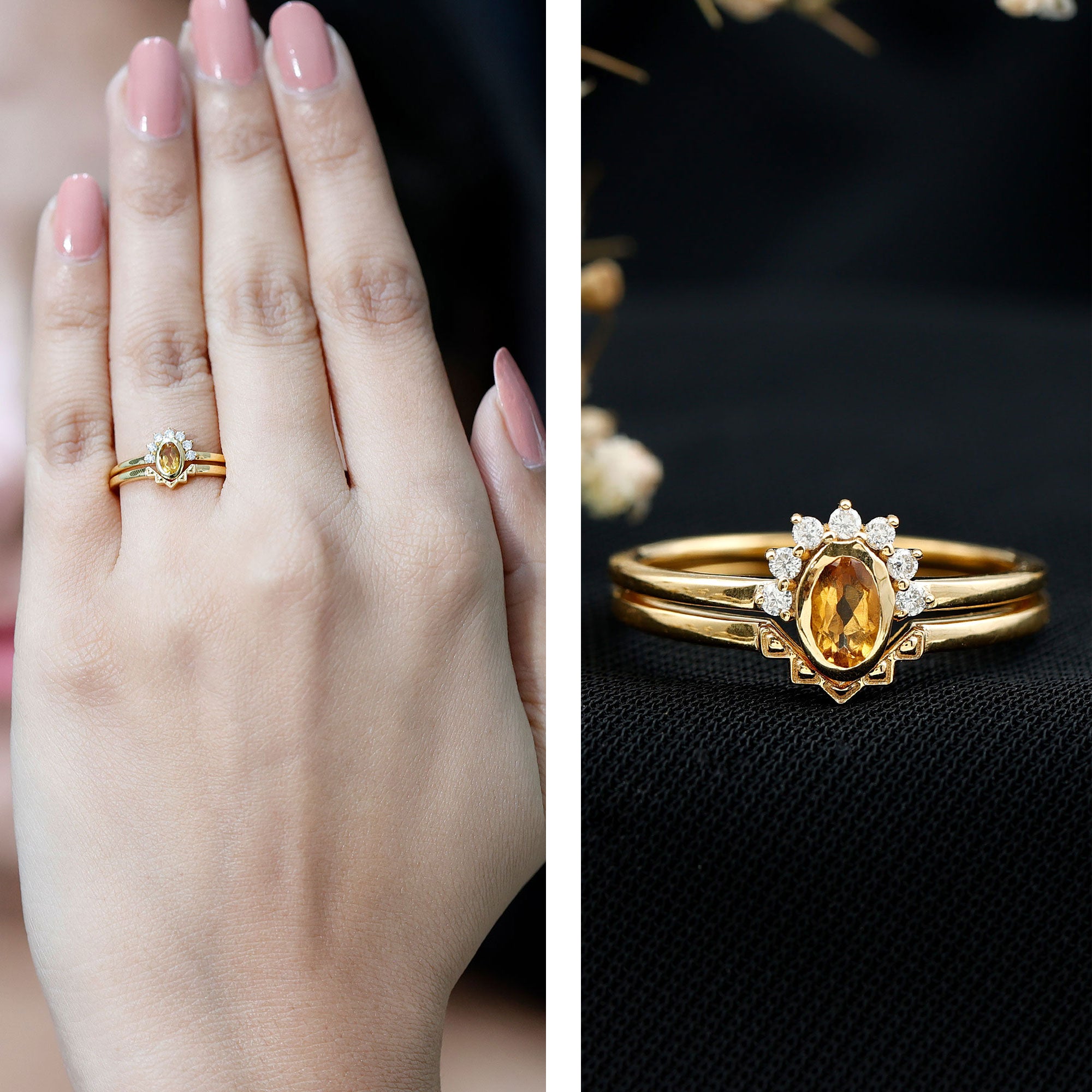 Natural Oval Citrine Promise Ring Set with Diamond AAA 14K Yellow Gold Plated Silver - Rosec Jewels