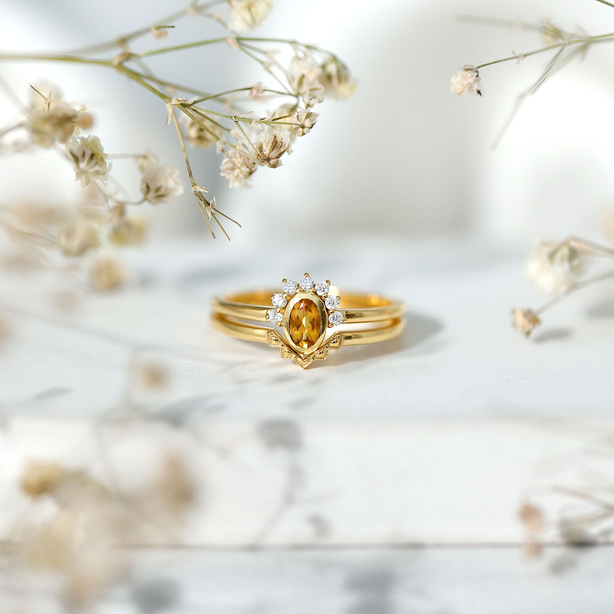 Natural Oval Citrine Promise Ring Set with Diamond AAA 14K Yellow Gold Plated Silver - Rosec Jewels