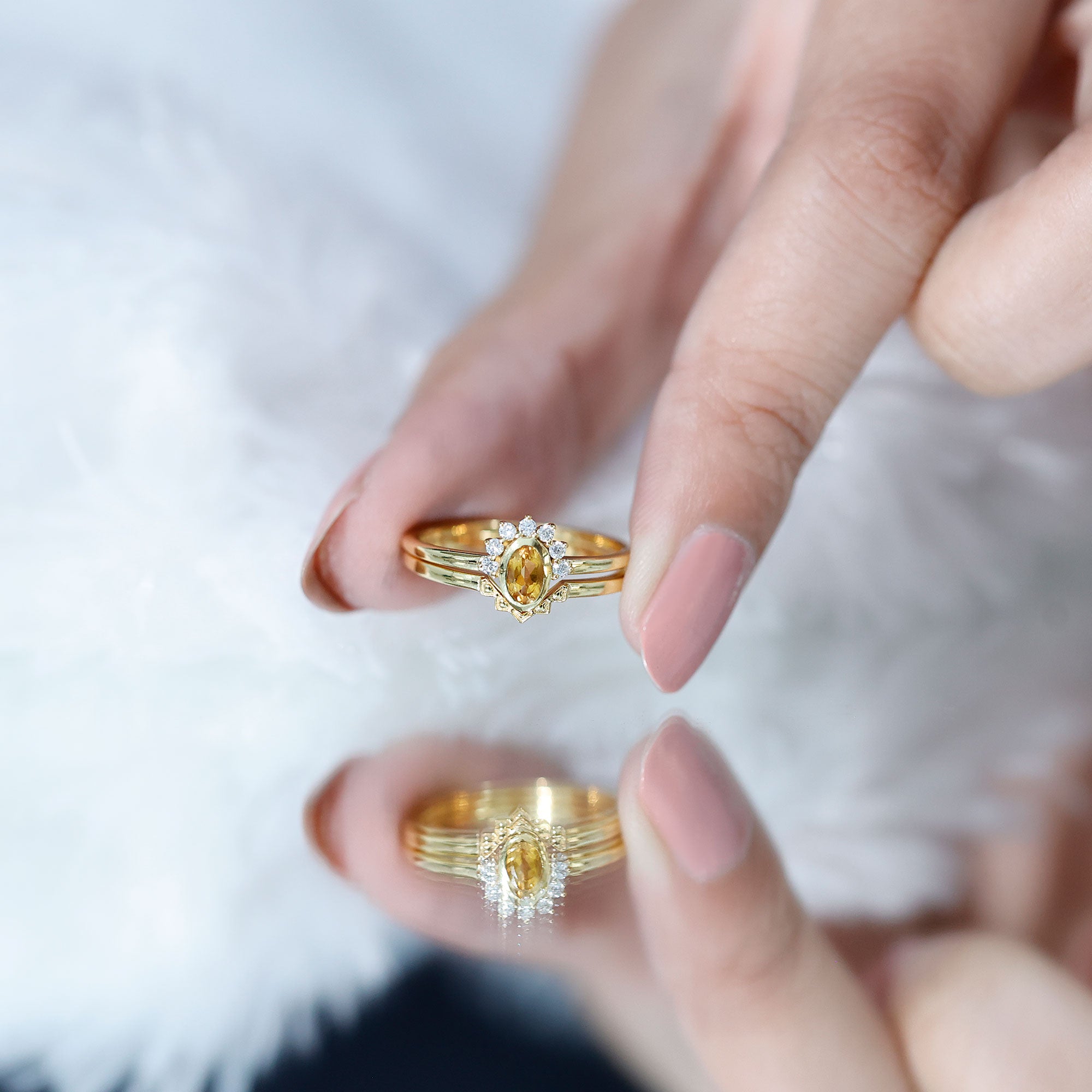 Natural Oval Citrine Promise Ring Set with Diamond AAA 14K Yellow Gold Plated Silver - Rosec Jewels