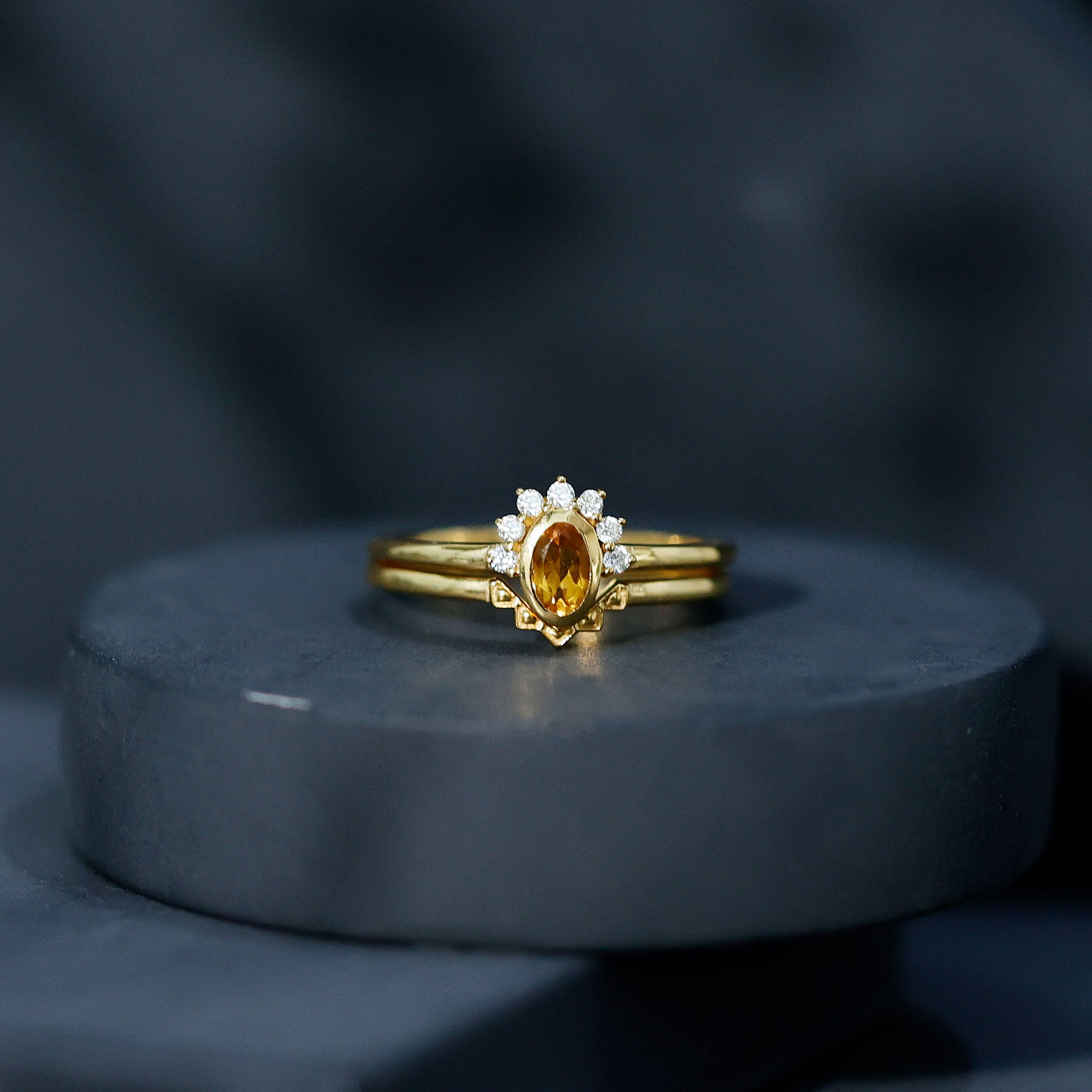 Natural Oval Citrine Promise Ring Set with Diamond AAA 14K Yellow Gold Plated Silver - Rosec Jewels