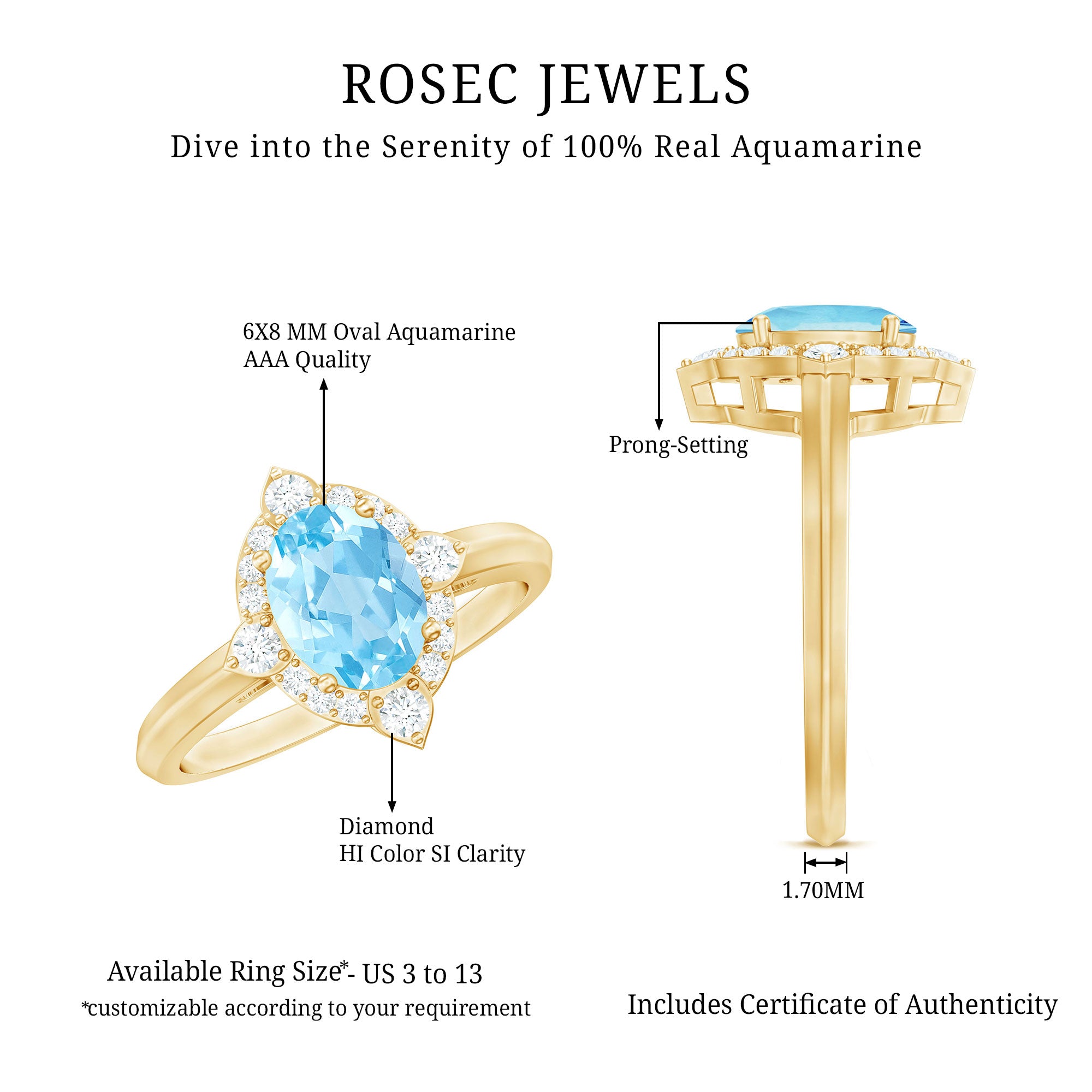 1 Carat Oval Engagement Ring with Real Aquamarine and Diamond AAA - Rosec Jewels