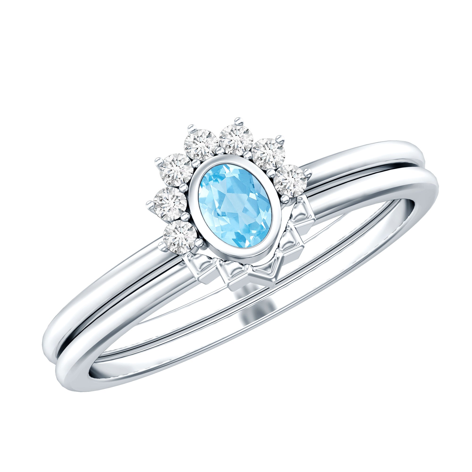 Natural Oval Cut Aquamarine Wedding Ring Set with Diamond Halo AAA 92.5 Sterling Silver - Rosec Jewels