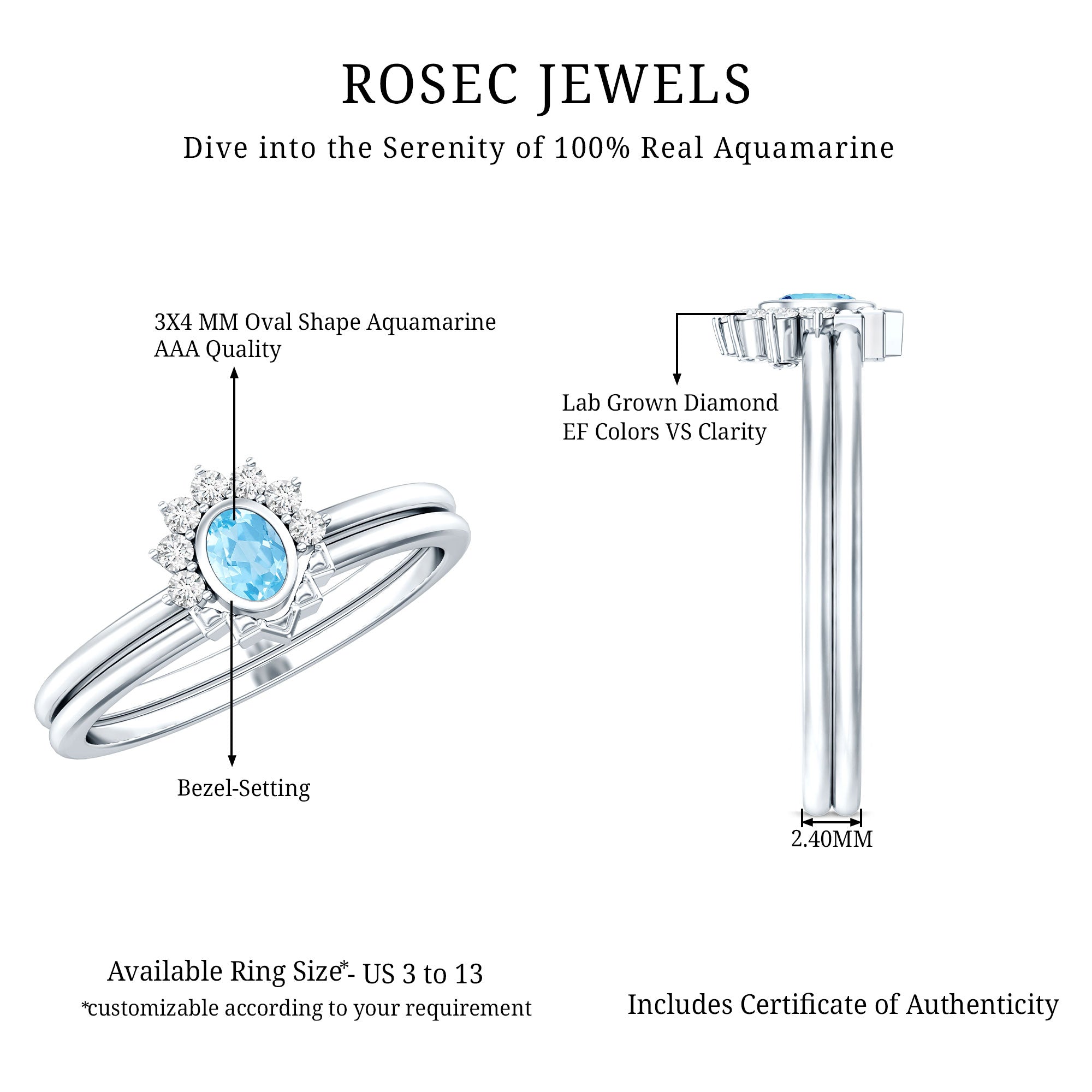 Natural Oval Cut Aquamarine Wedding Ring Set with Diamond Halo AAA 92.5 Sterling Silver - Rosec Jewels