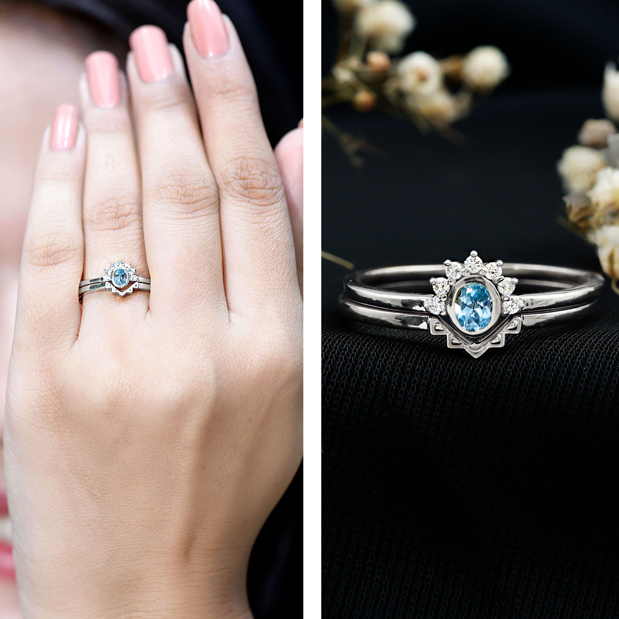 Natural Oval Cut Aquamarine Wedding Ring Set with Diamond Halo AAA 92.5 Sterling Silver - Rosec Jewels