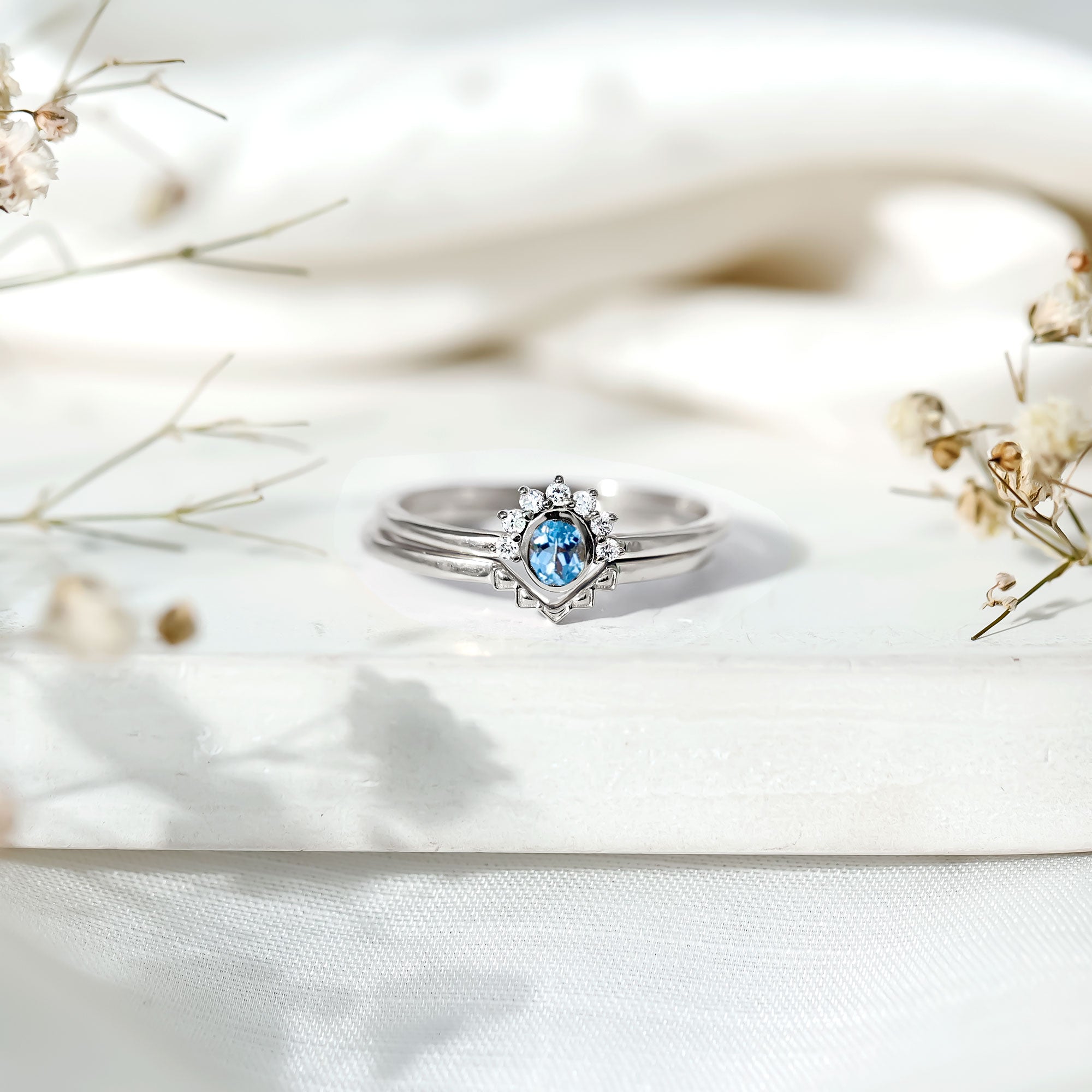 Natural Oval Cut Aquamarine Wedding Ring Set with Diamond Halo AAA 92.5 Sterling Silver - Rosec Jewels