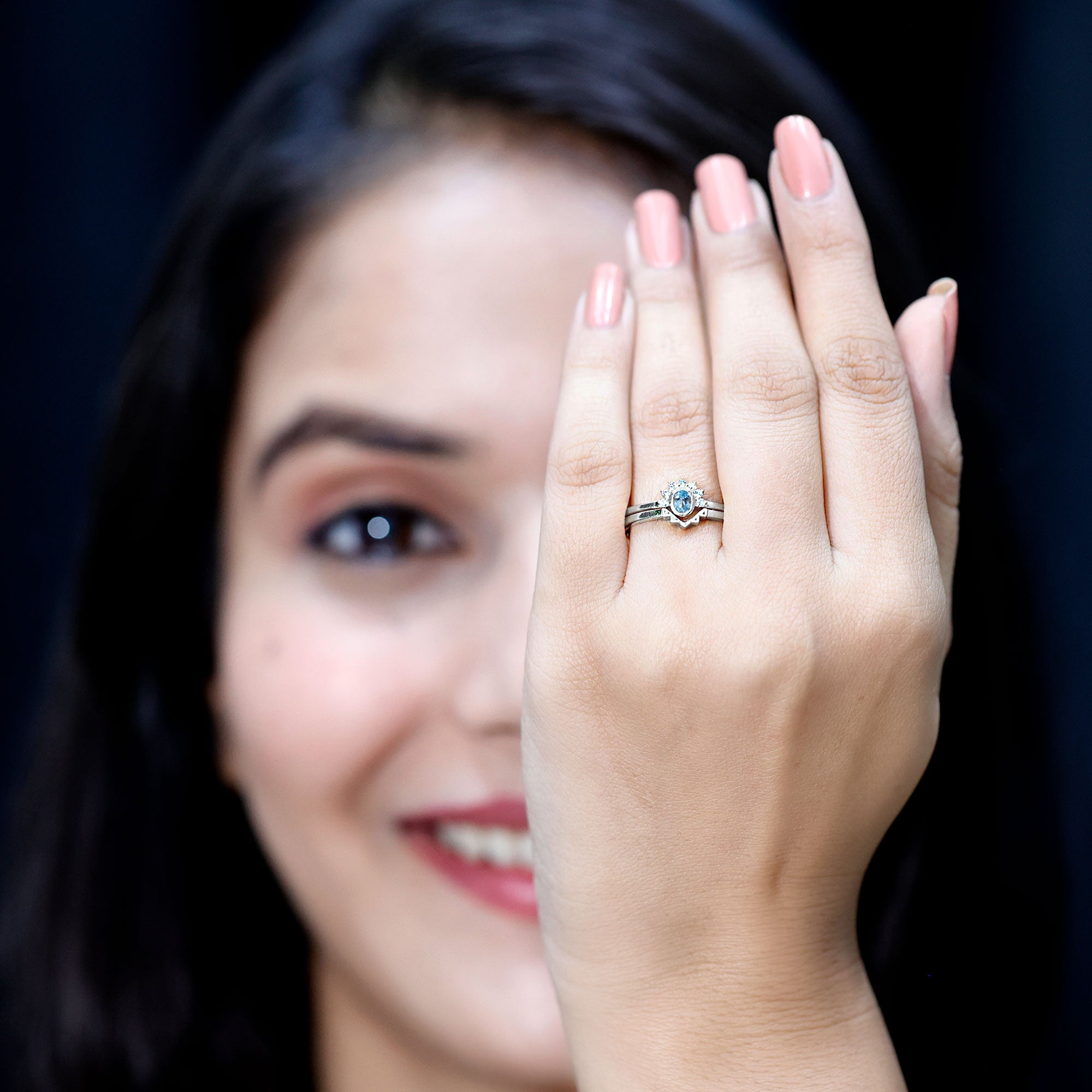 Natural Oval Cut Aquamarine Wedding Ring Set with Diamond Halo AAA 92.5 Sterling Silver - Rosec Jewels