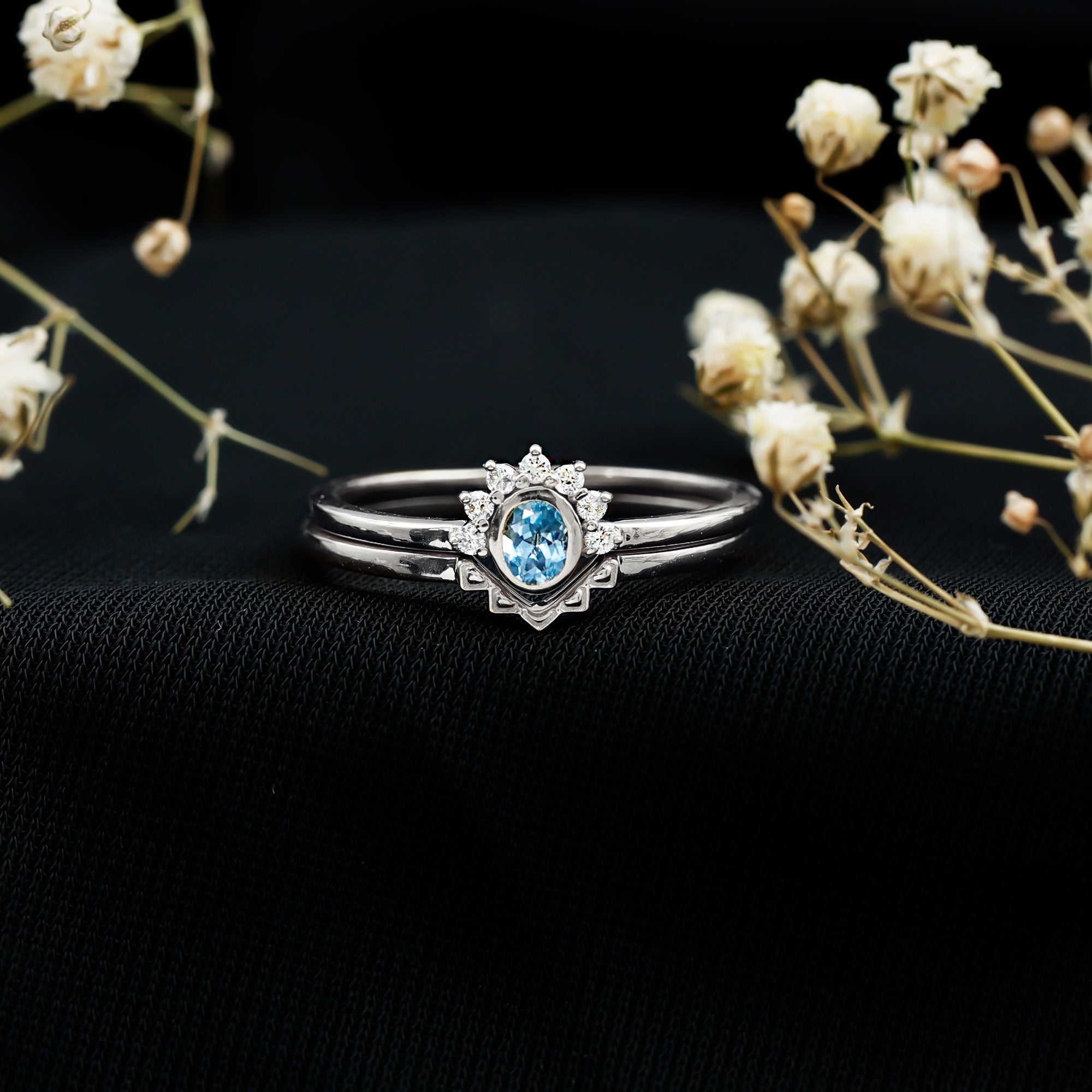 Natural Oval Cut Aquamarine Wedding Ring Set with Diamond Halo AAA 92.5 Sterling Silver - Rosec Jewels