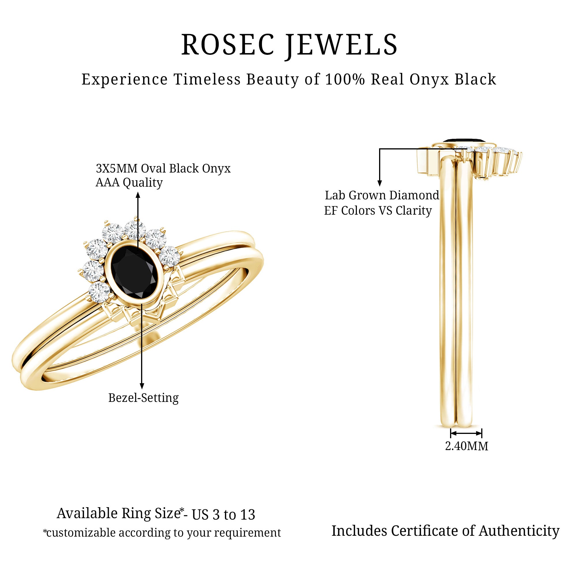 Genuine Black Onyx and Diamond Promise Ring Set in Yellow Gold Plated Silver AAA 14K Yellow Gold Plated Silver - Rosec Jewels