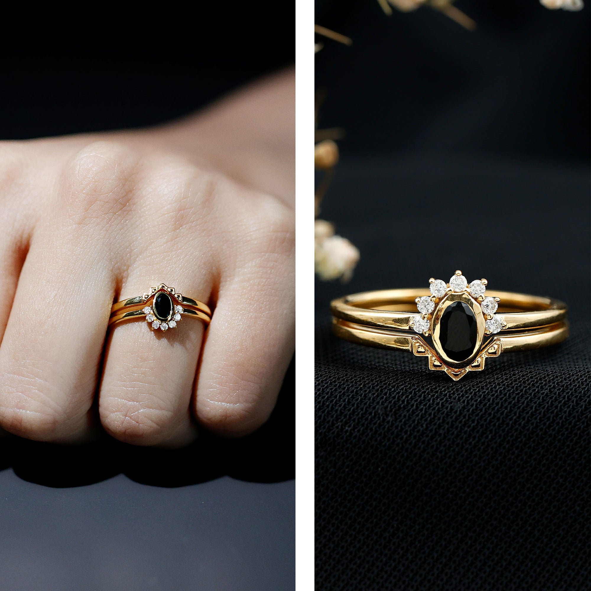 Genuine Black Onyx and Diamond Promise Ring Set in Yellow Gold Plated Silver AAA 14K Yellow Gold Plated Silver - Rosec Jewels