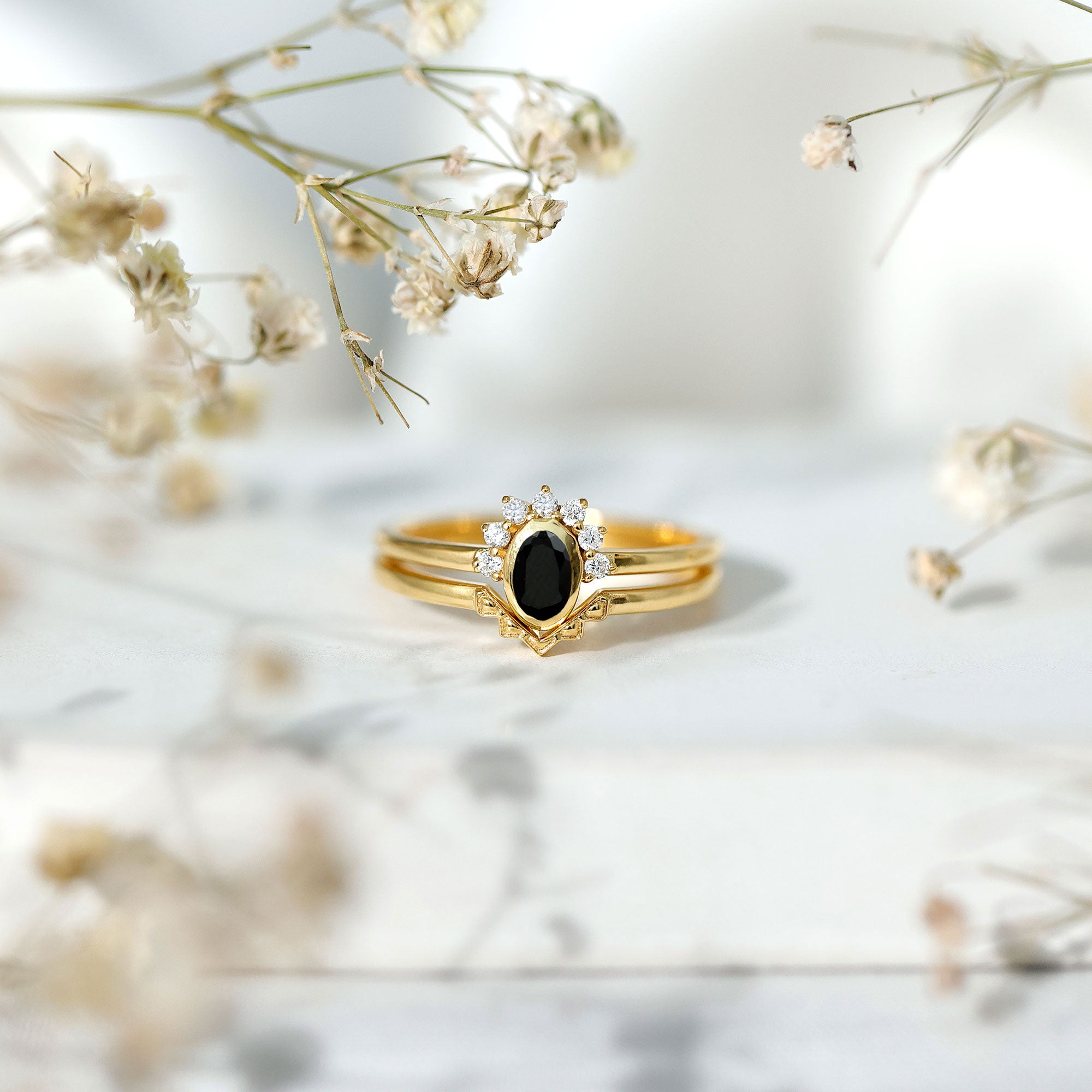 Genuine Black Onyx and Diamond Promise Ring Set in Yellow Gold Plated Silver AAA 14K Yellow Gold Plated Silver - Rosec Jewels