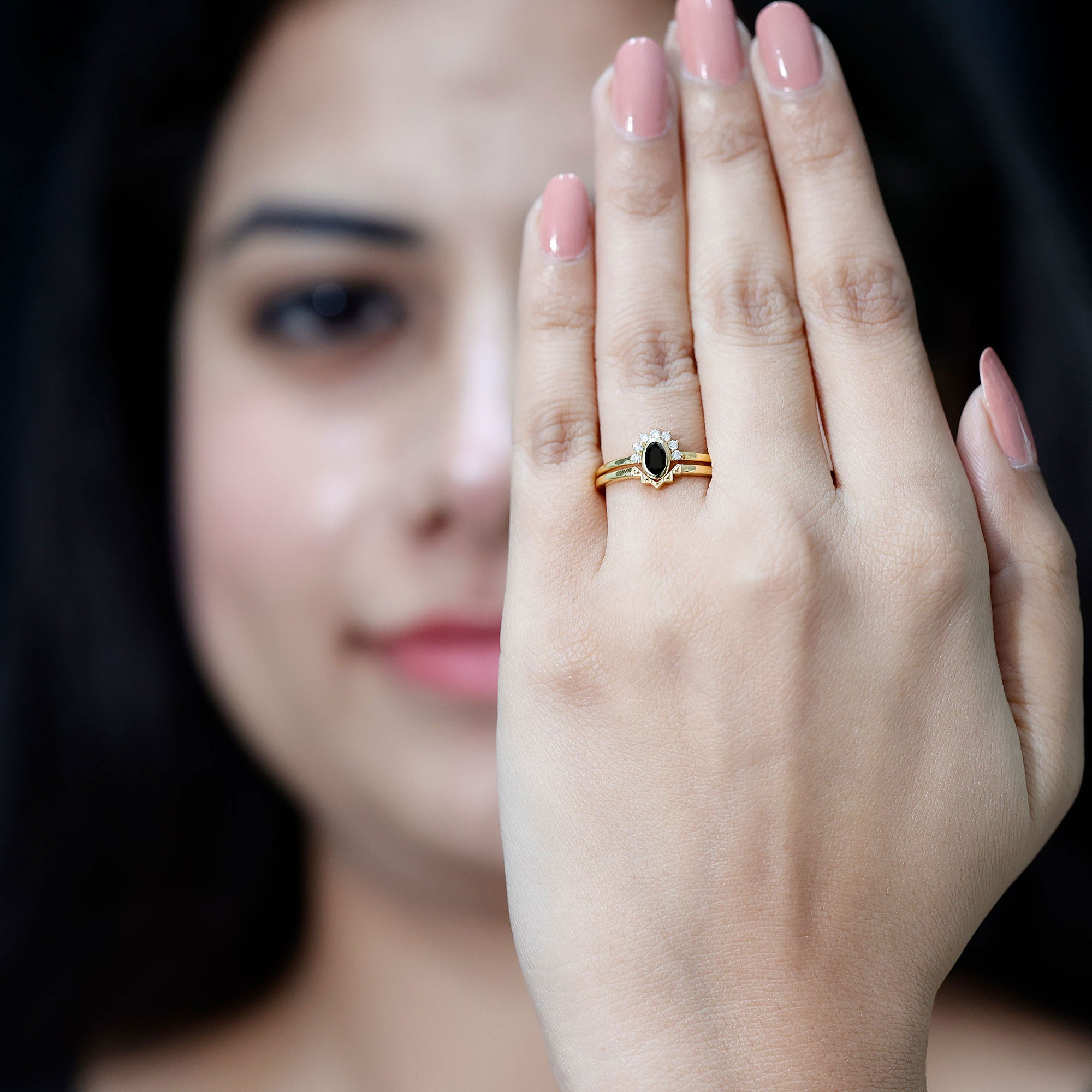 Genuine Black Onyx and Diamond Promise Ring Set in Yellow Gold Plated Silver AAA 14K Yellow Gold Plated Silver - Rosec Jewels