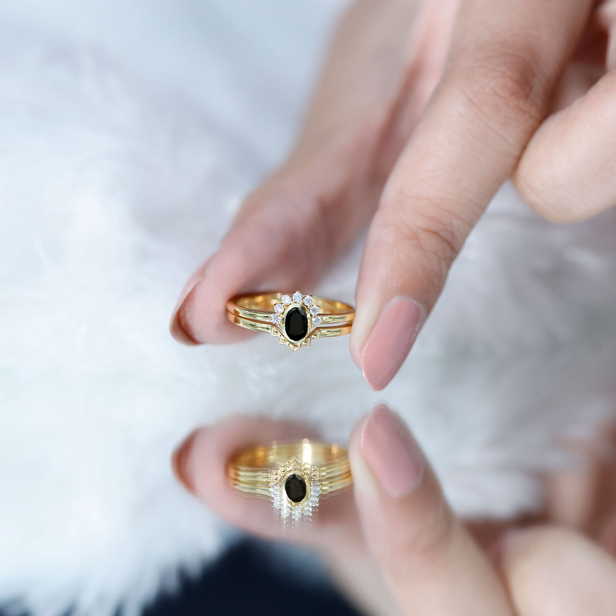 Genuine Black Onyx and Diamond Promise Ring Set in Yellow Gold Plated Silver AAA 14K Yellow Gold Plated Silver - Rosec Jewels