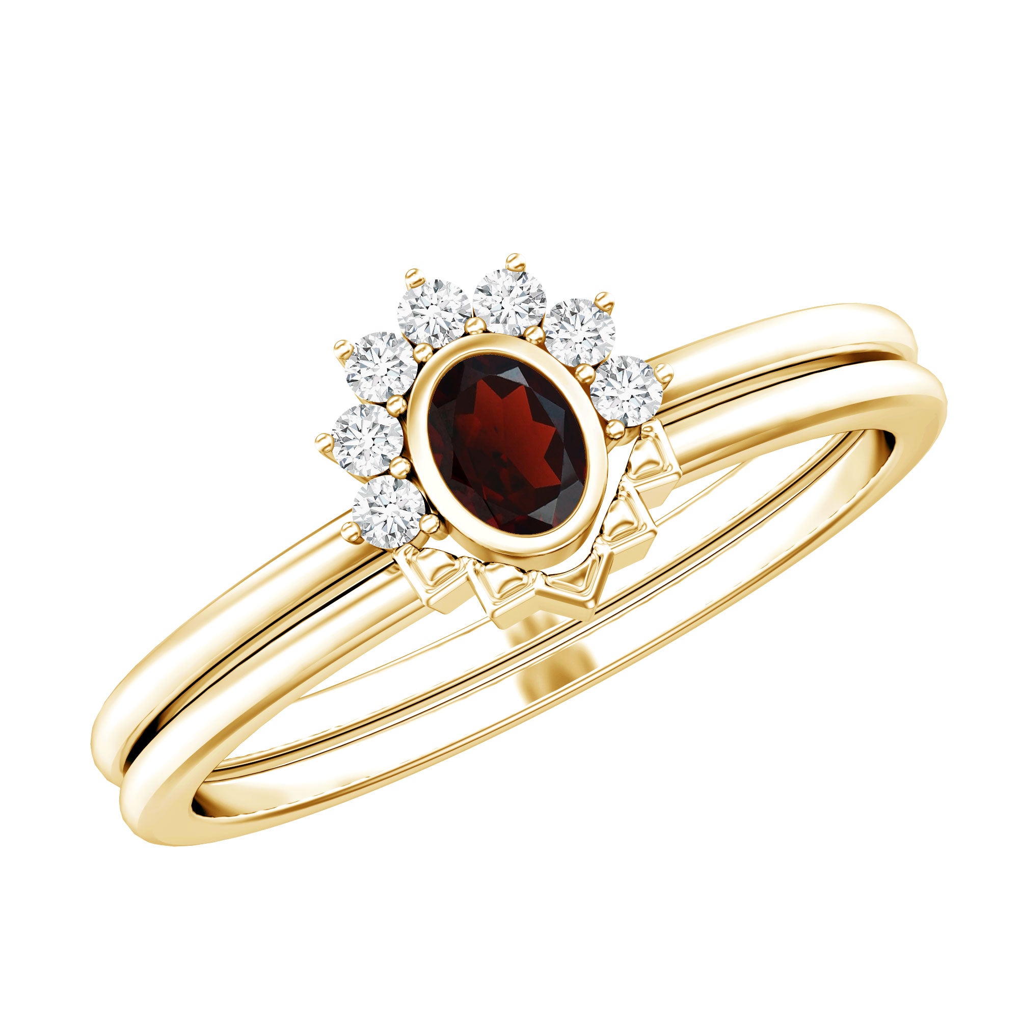 Natural Garnet Diamond Engagement Ring with Enhancer in Gold Plated Silver AAA 14K Yellow Gold Plated Silver - Rosec Jewels