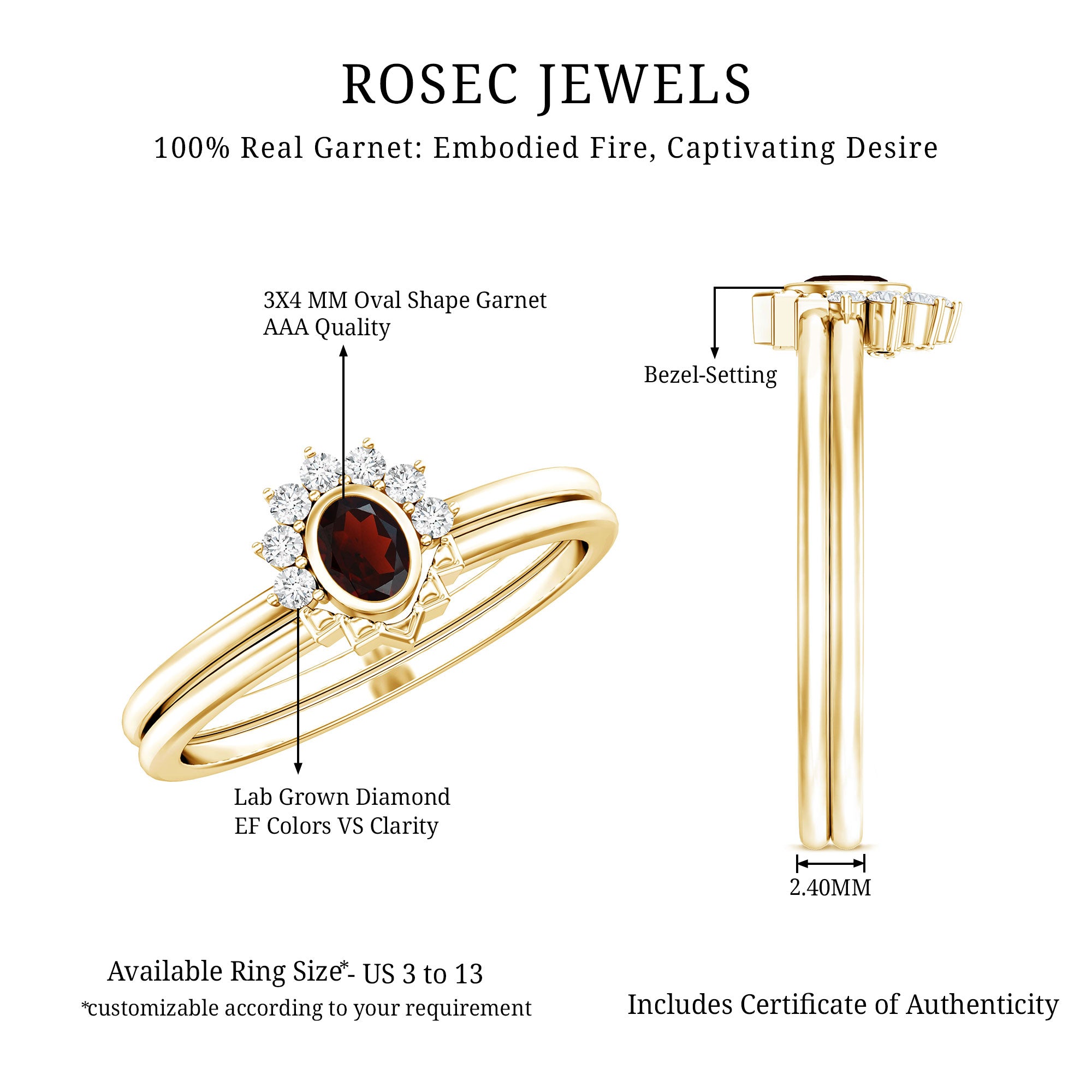 Natural Garnet Diamond Engagement Ring with Enhancer in Gold Plated Silver AAA 14K Yellow Gold Plated Silver - Rosec Jewels