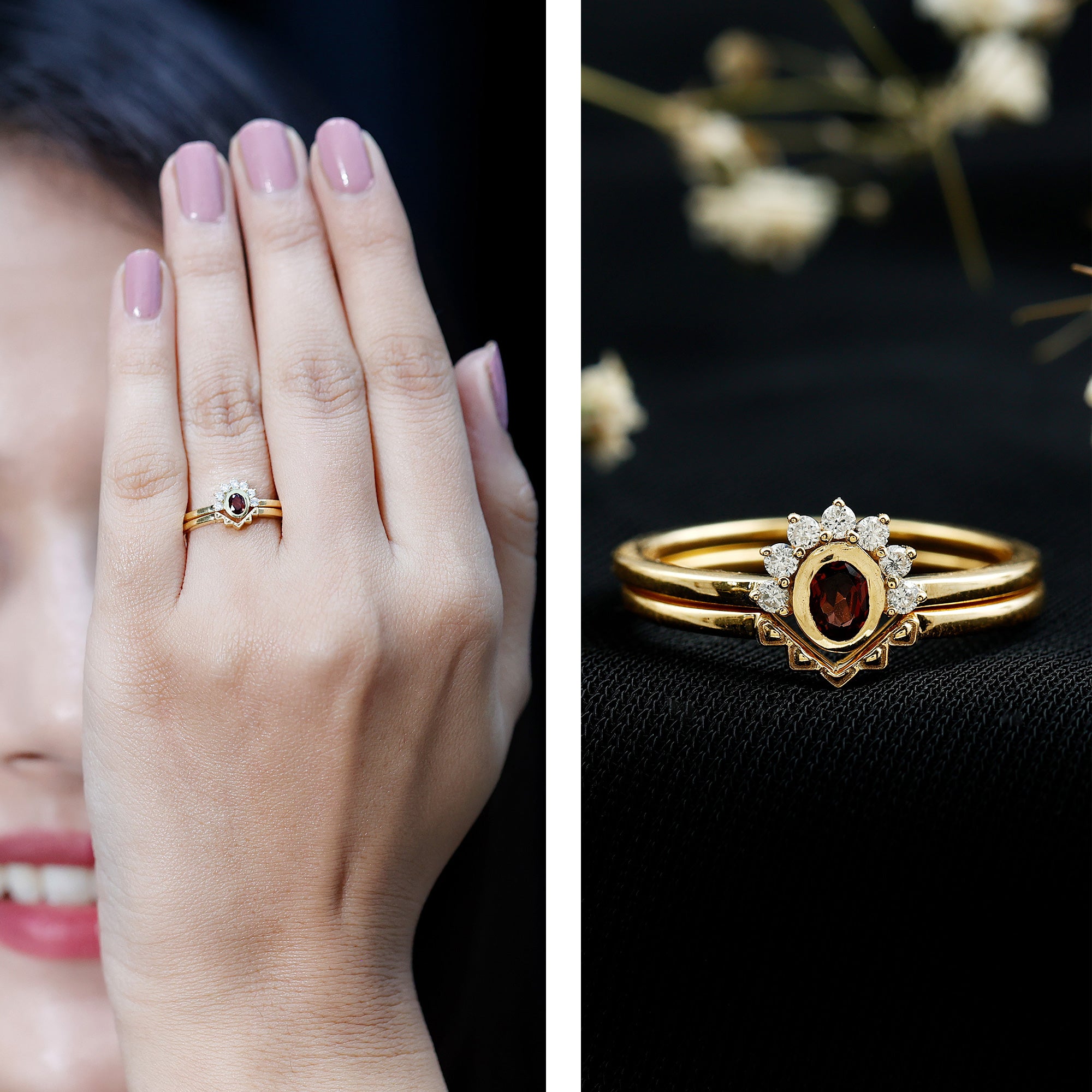 Natural Garnet Diamond Engagement Ring with Enhancer in Gold Plated Silver AAA 14K Yellow Gold Plated Silver - Rosec Jewels