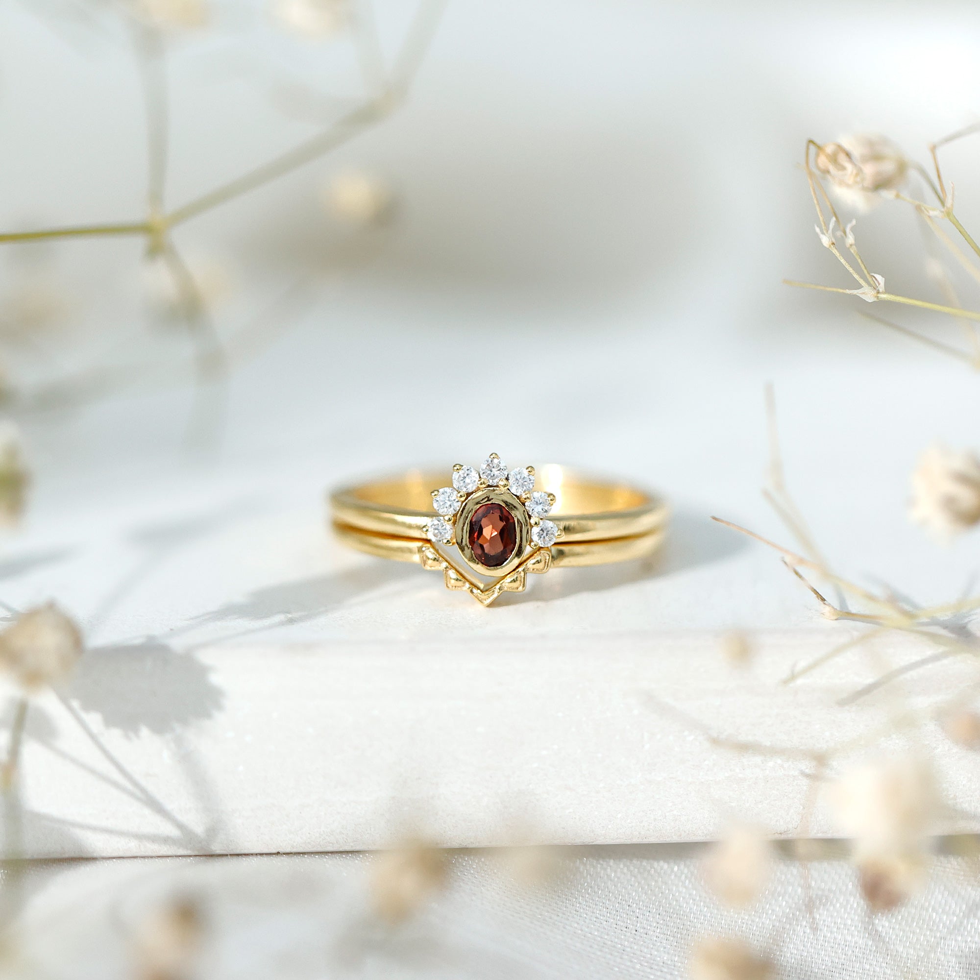 Natural Garnet Diamond Engagement Ring with Enhancer in Gold Plated Silver AAA 14K Yellow Gold Plated Silver - Rosec Jewels