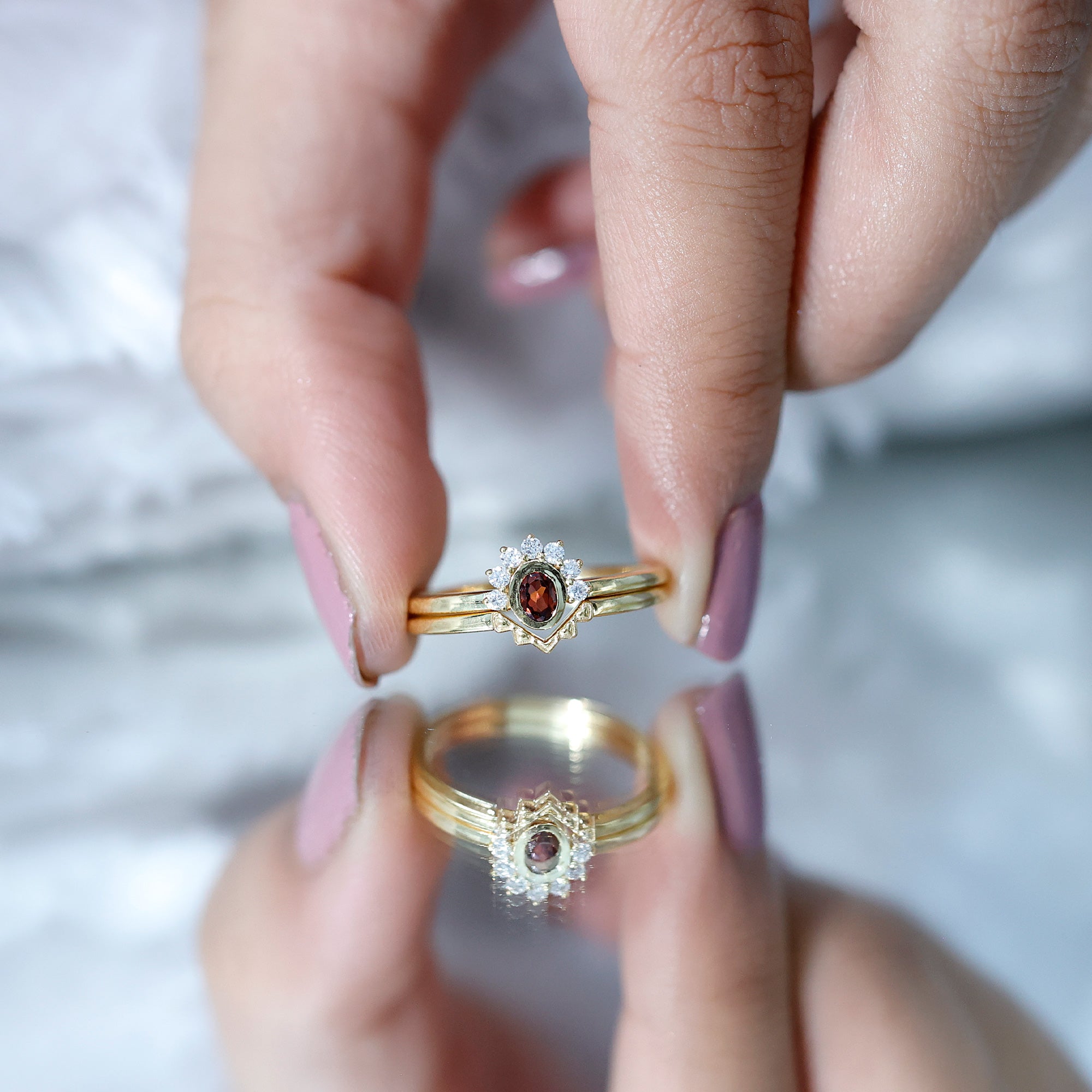 Natural Garnet Diamond Engagement Ring with Enhancer in Gold Plated Silver AAA 14K Yellow Gold Plated Silver - Rosec Jewels