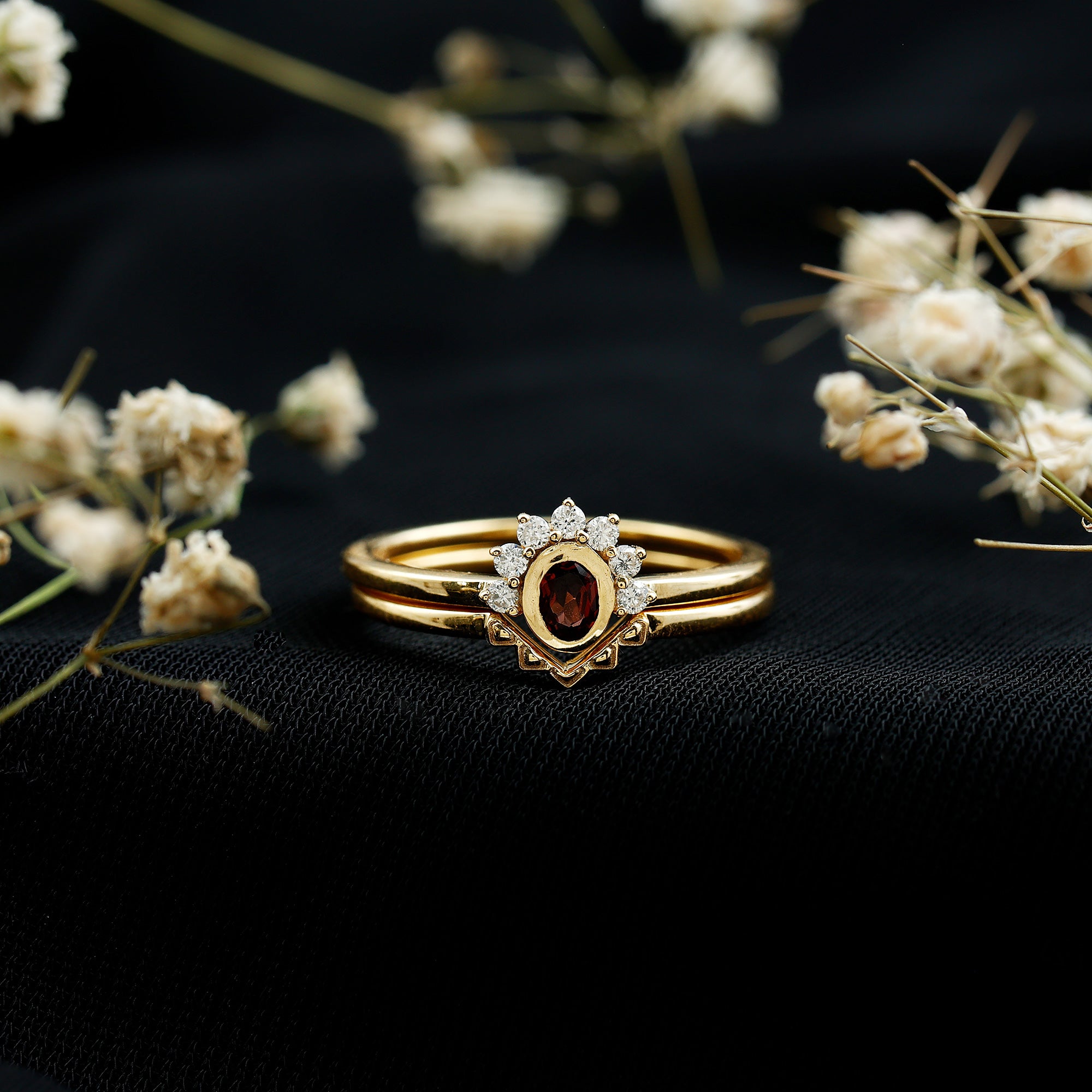 Natural Garnet Diamond Engagement Ring with Enhancer in Gold Plated Silver AAA 14K Yellow Gold Plated Silver - Rosec Jewels