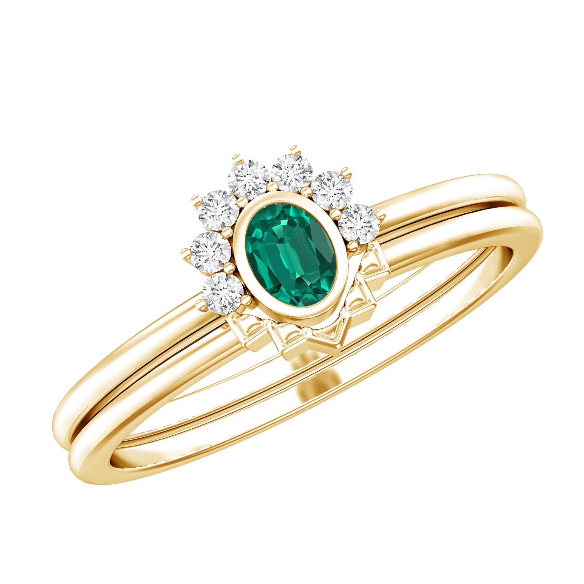 Oval Cut Lab Grown Emerald Wedding Ring Set with Diamond AAAA 14K Yellow Gold Plated Silver - Rosec Jewels