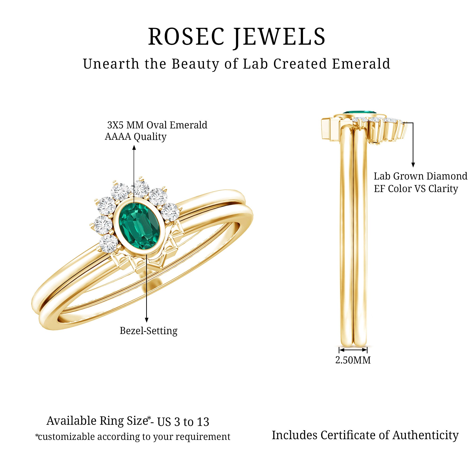 Oval Cut Lab Grown Emerald Wedding Ring Set with Diamond AAAA 14K Yellow Gold Plated Silver - Rosec Jewels