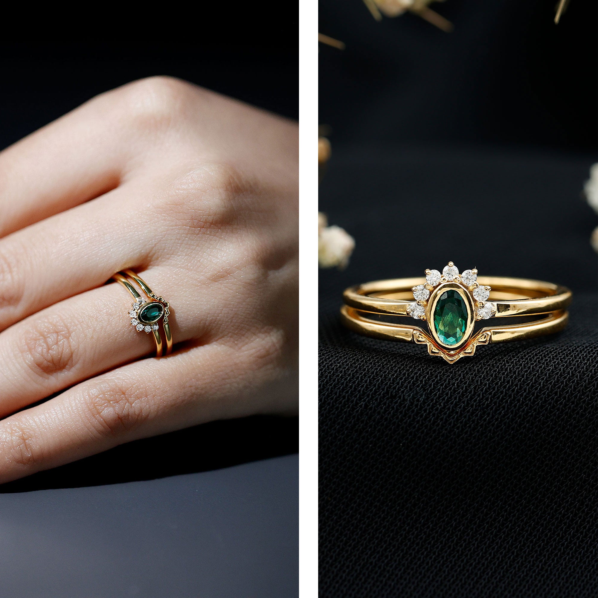 Oval Cut Lab Grown Emerald Wedding Ring Set with Diamond AAAA 14K Yellow Gold Plated Silver - Rosec Jewels