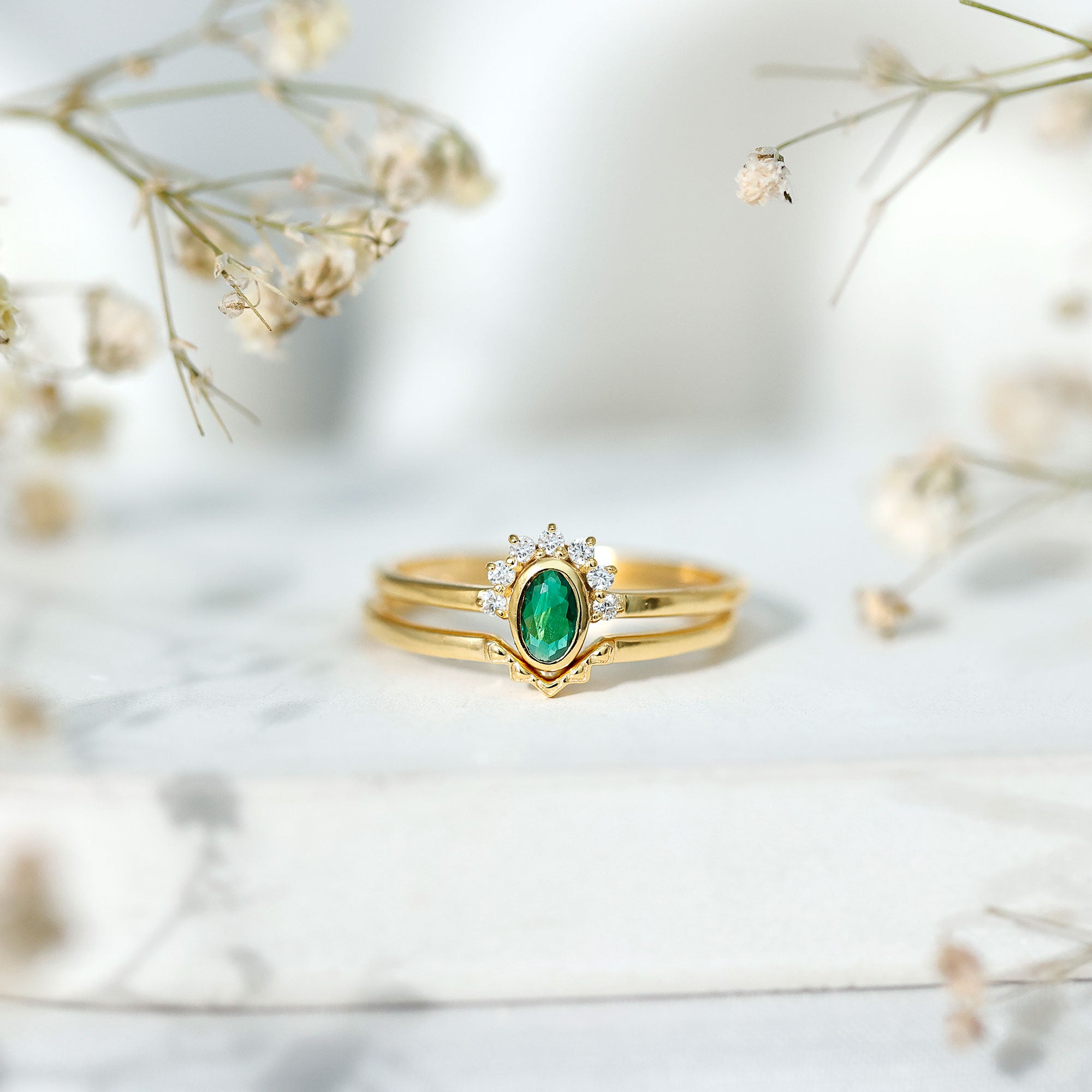 Oval Cut Lab Grown Emerald Wedding Ring Set with Diamond AAAA 14K Yellow Gold Plated Silver - Rosec Jewels