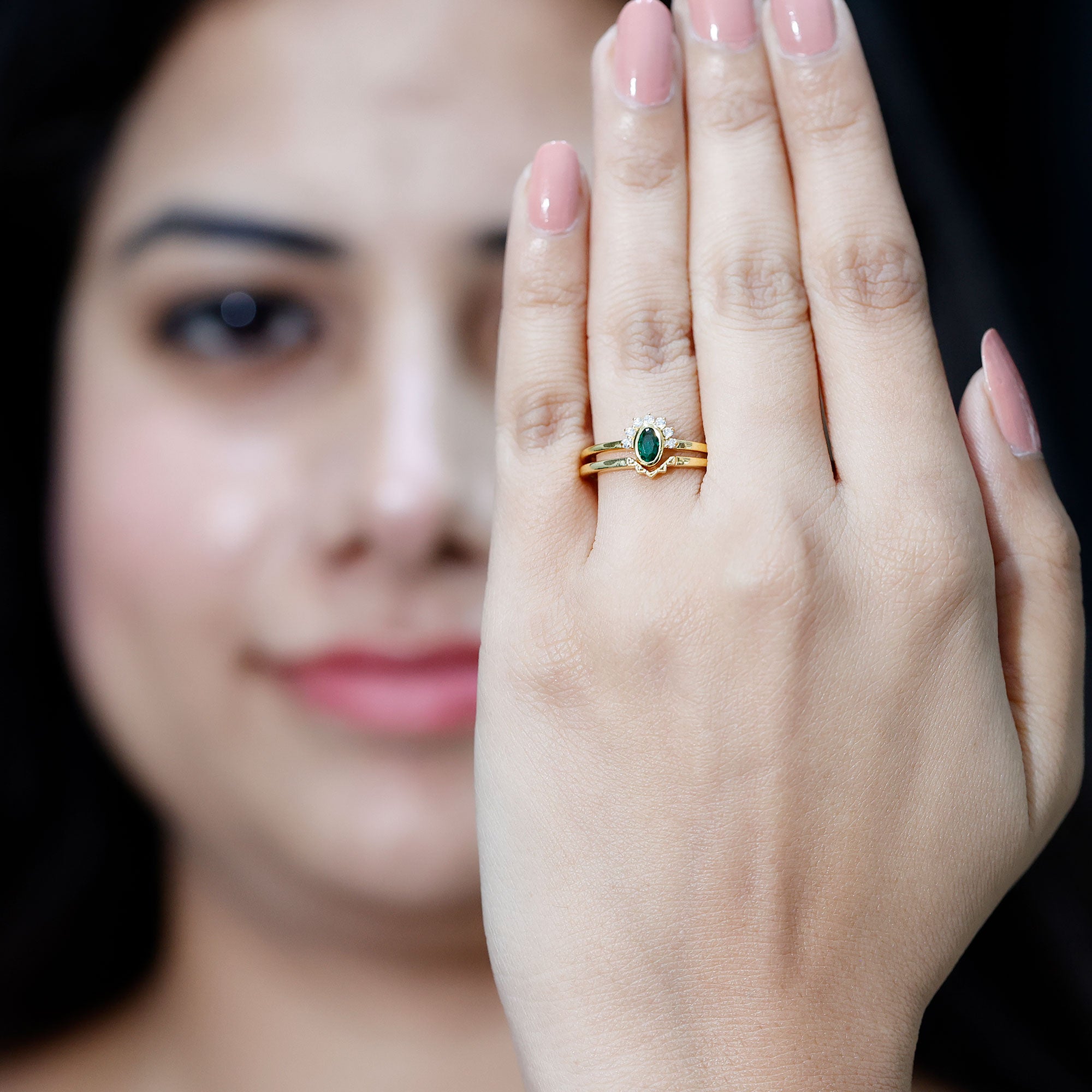 Oval Cut Lab Grown Emerald Wedding Ring Set with Diamond AAAA 14K Yellow Gold Plated Silver - Rosec Jewels
