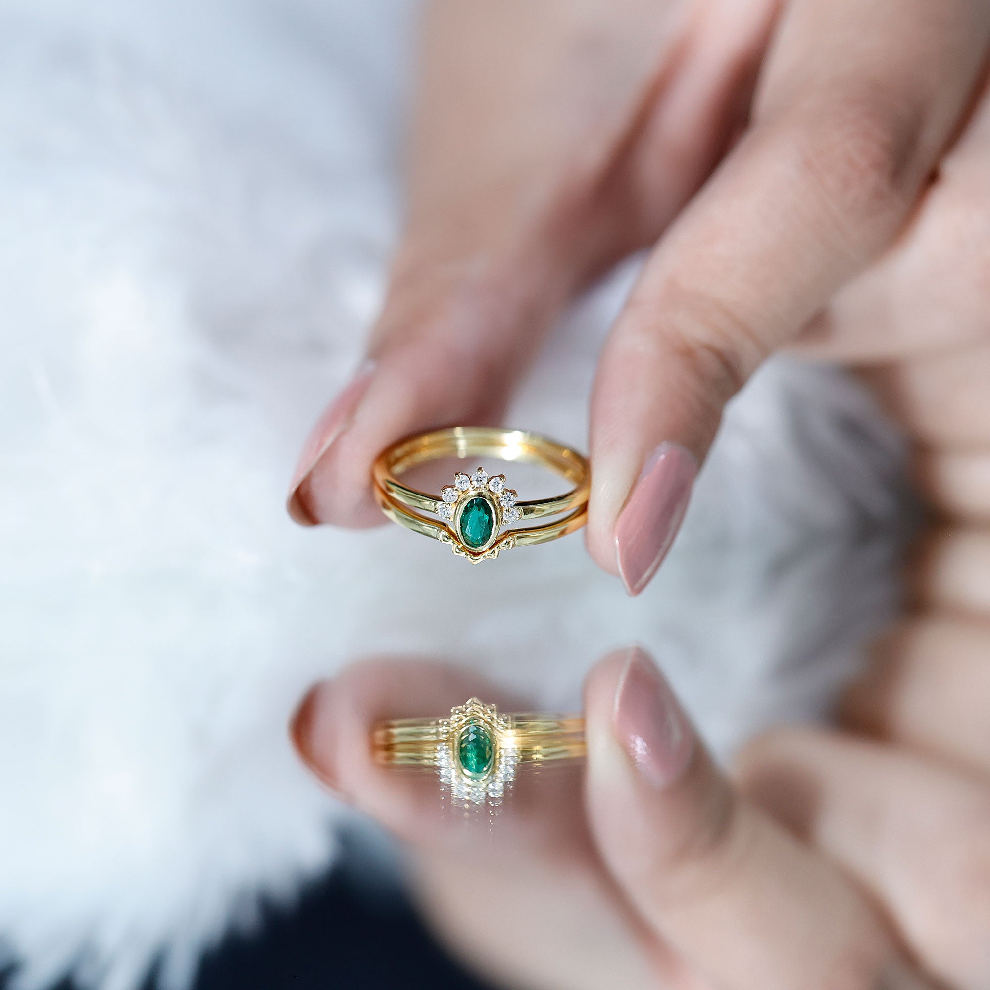 Oval Cut Lab Grown Emerald Wedding Ring Set with Diamond AAAA 14K Yellow Gold Plated Silver - Rosec Jewels