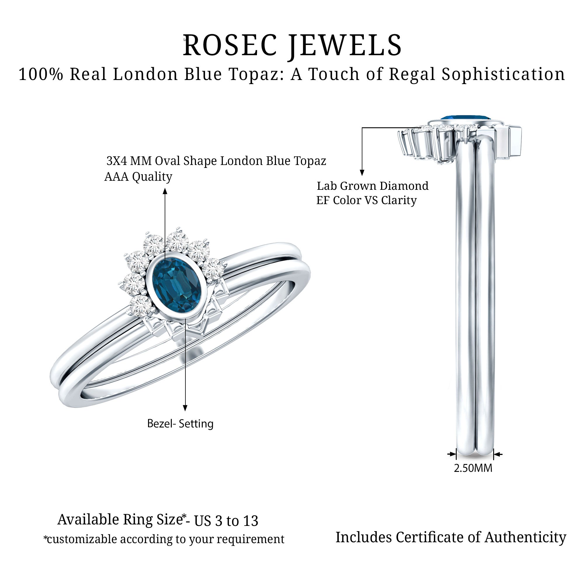 Real London Blue Topaz Engagement Ring With Enhancer in Silver AAA 92.5 Sterling Silver - Rosec Jewels