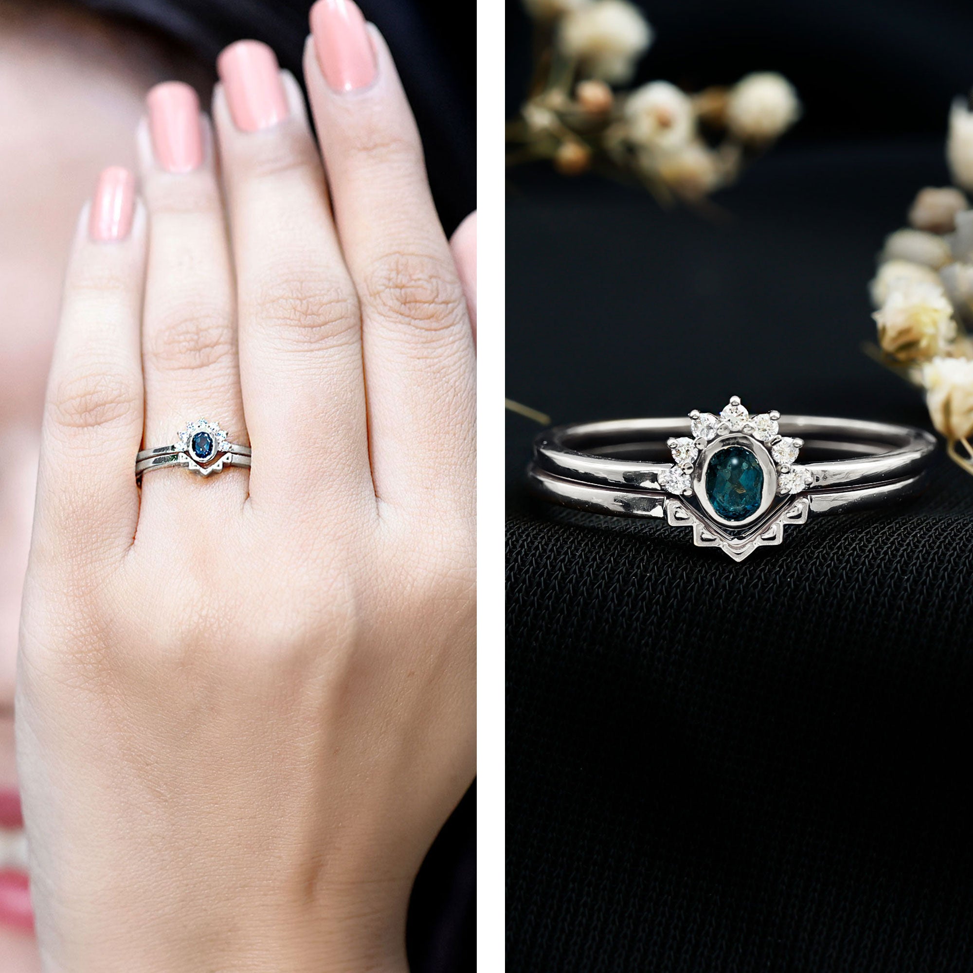 Real London Blue Topaz Engagement Ring With Enhancer in Silver AAA 92.5 Sterling Silver - Rosec Jewels